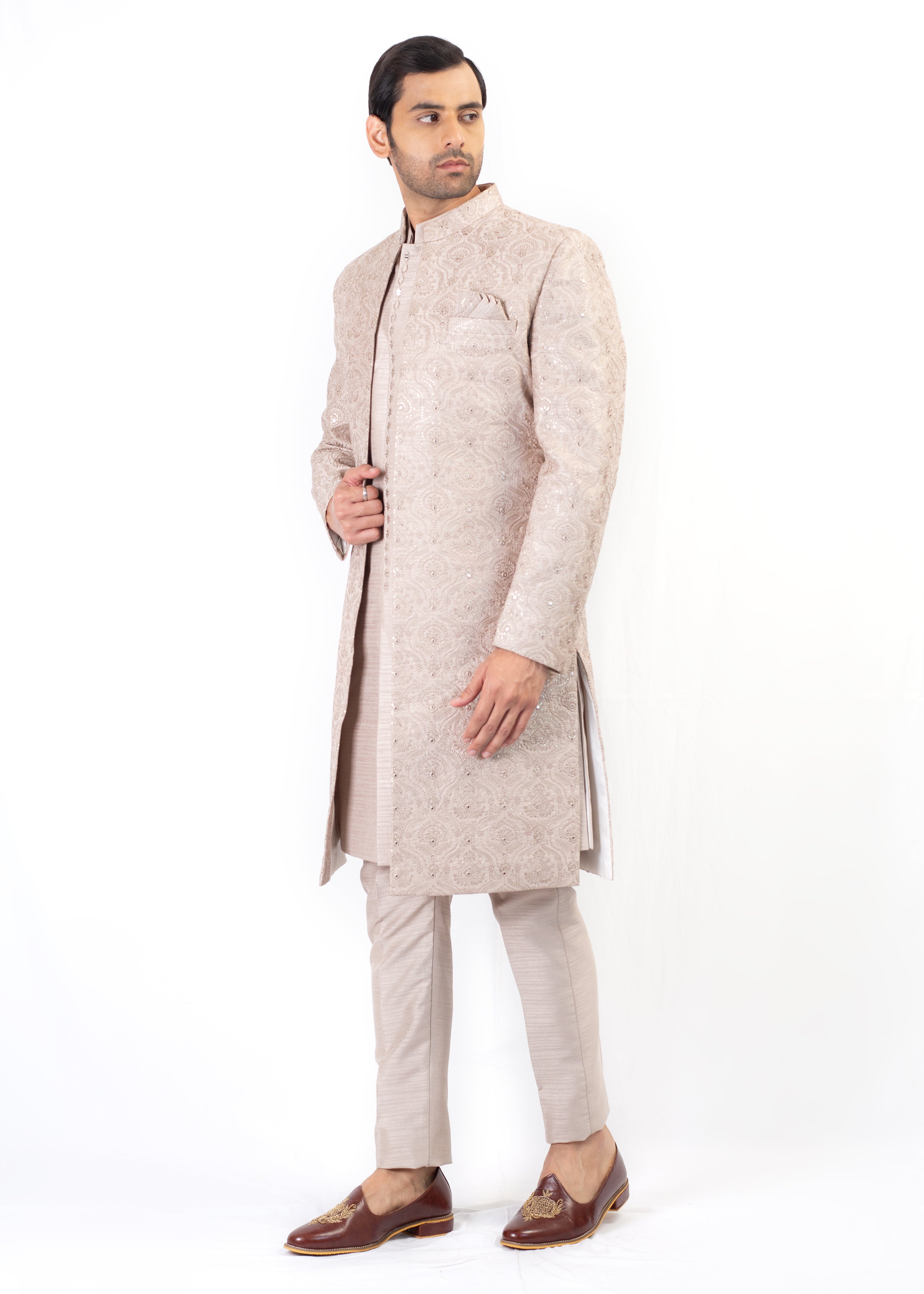 LIGHT GOLD EMBROIDERY SHERWANI & KURTA  TROUSER WITH TURBAN & PALLA