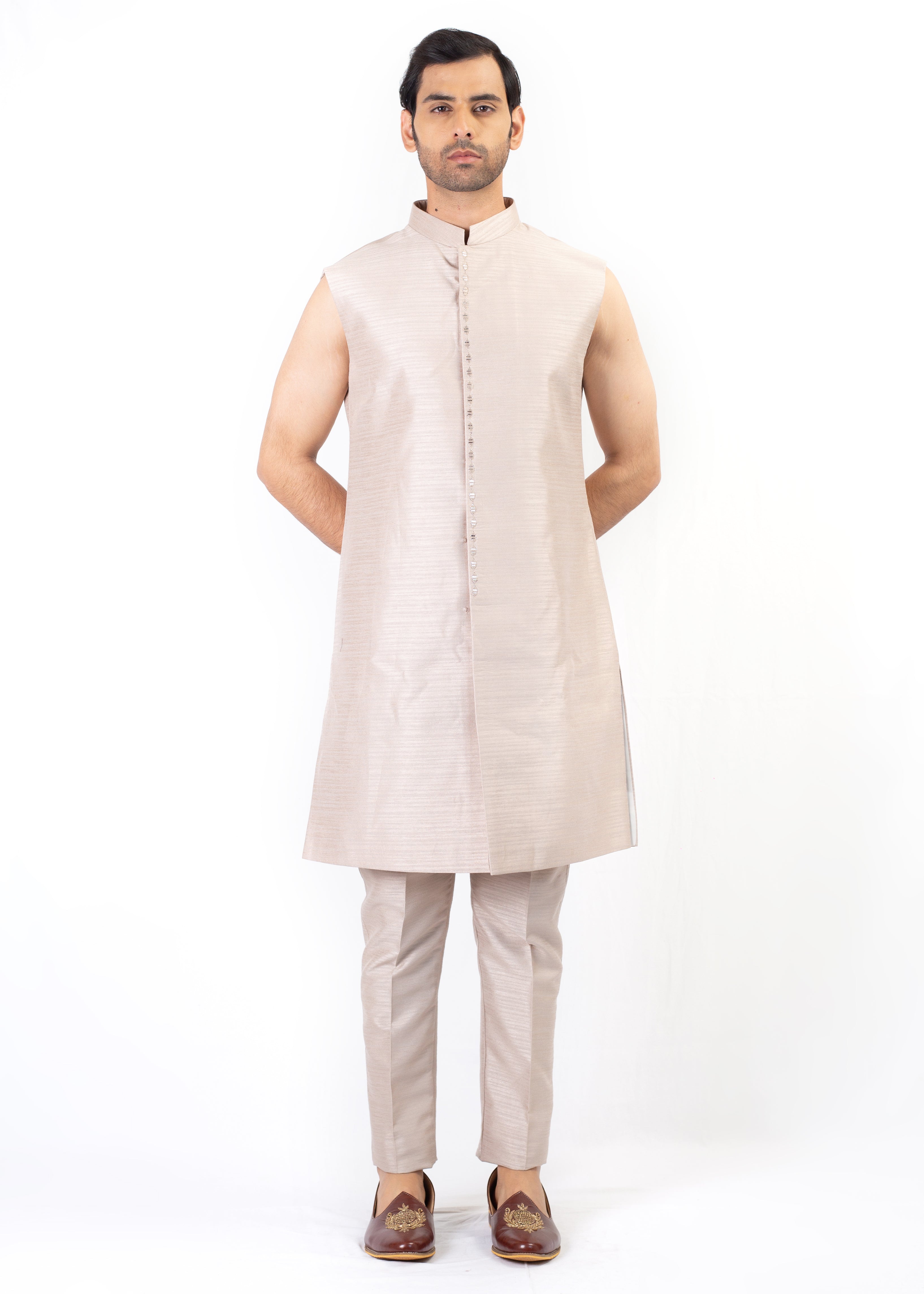 LIGHT GOLD EMBROIDERY SHERWANI & KURTA  TROUSER WITH TURBAN & PALLA