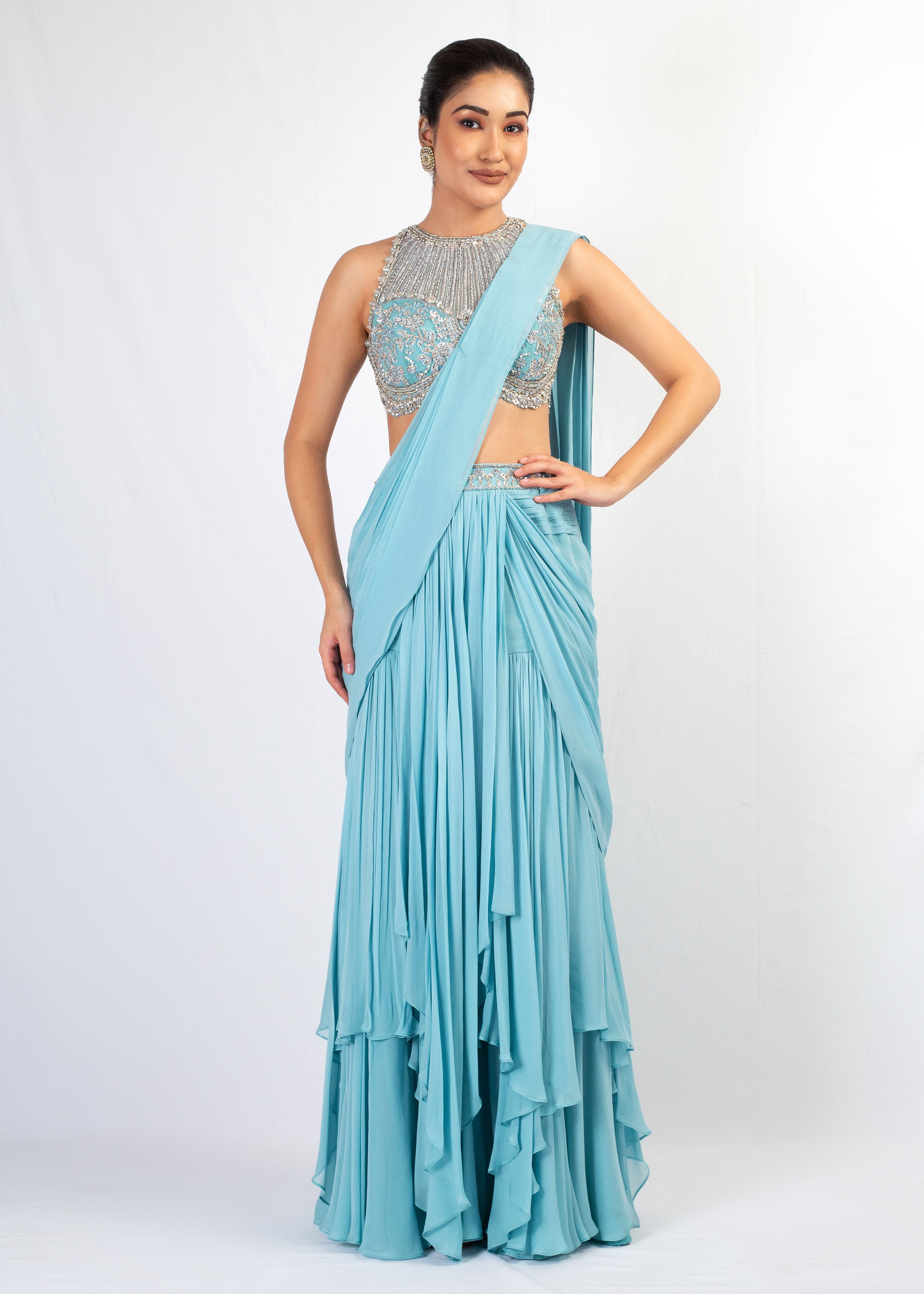 HALTER EMBROIDERED TOP WITH ICE BLUE GEORGETTE SAREE