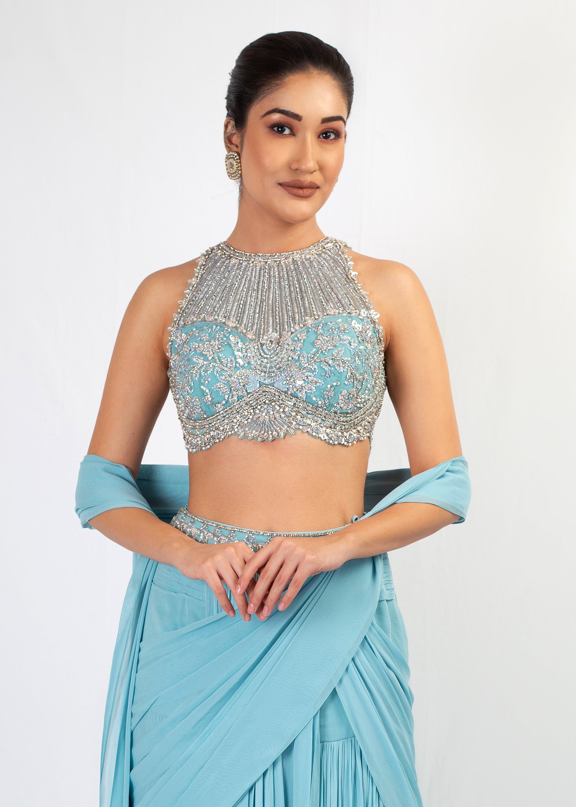 HALTER EMBROIDERED TOP WITH ICE BLUE GEORGETTE SAREE