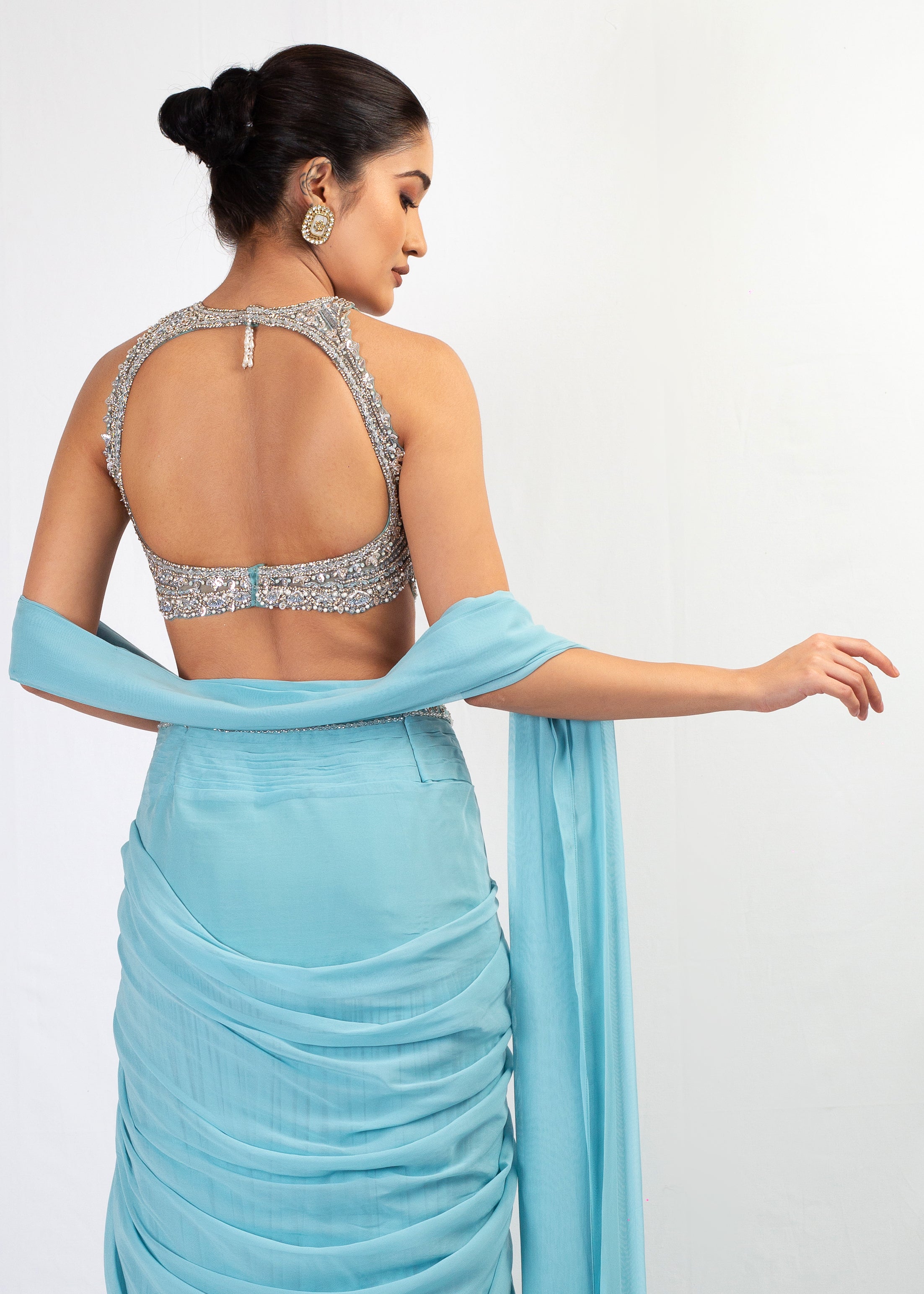HALTER EMBROIDERED TOP WITH ICE BLUE GEORGETTE SAREE