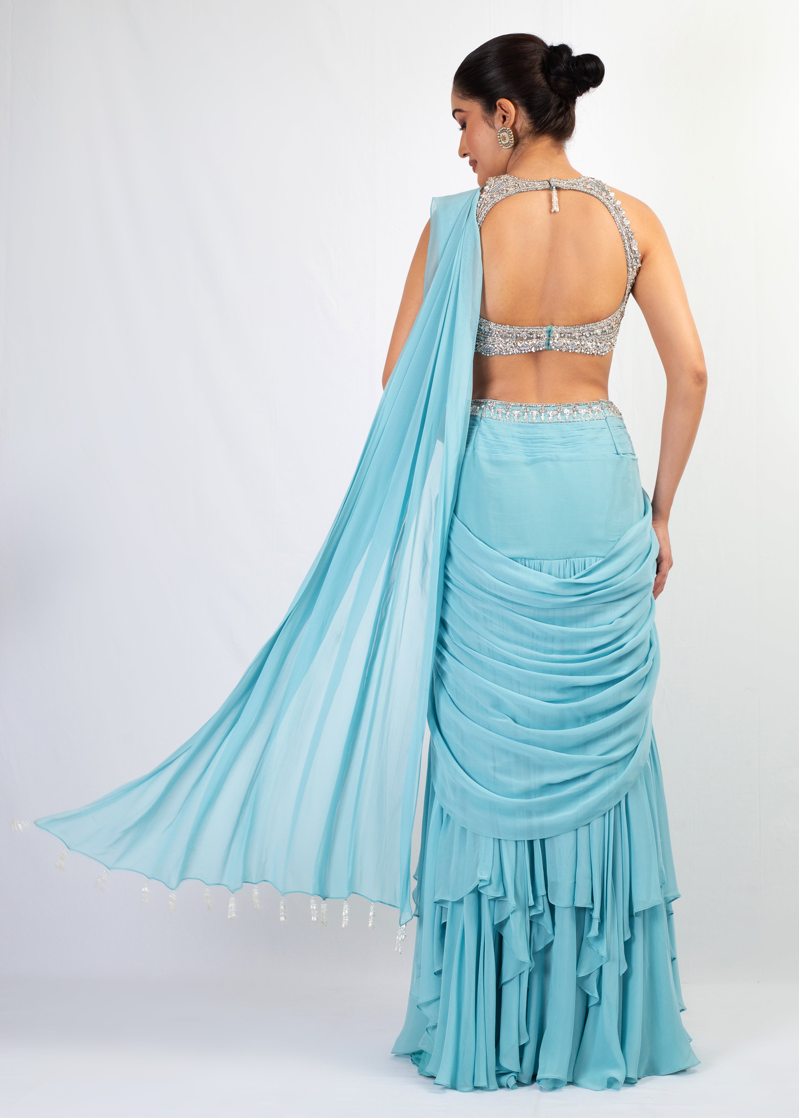 HALTER EMBROIDERED TOP WITH ICE BLUE GEORGETTE SAREE