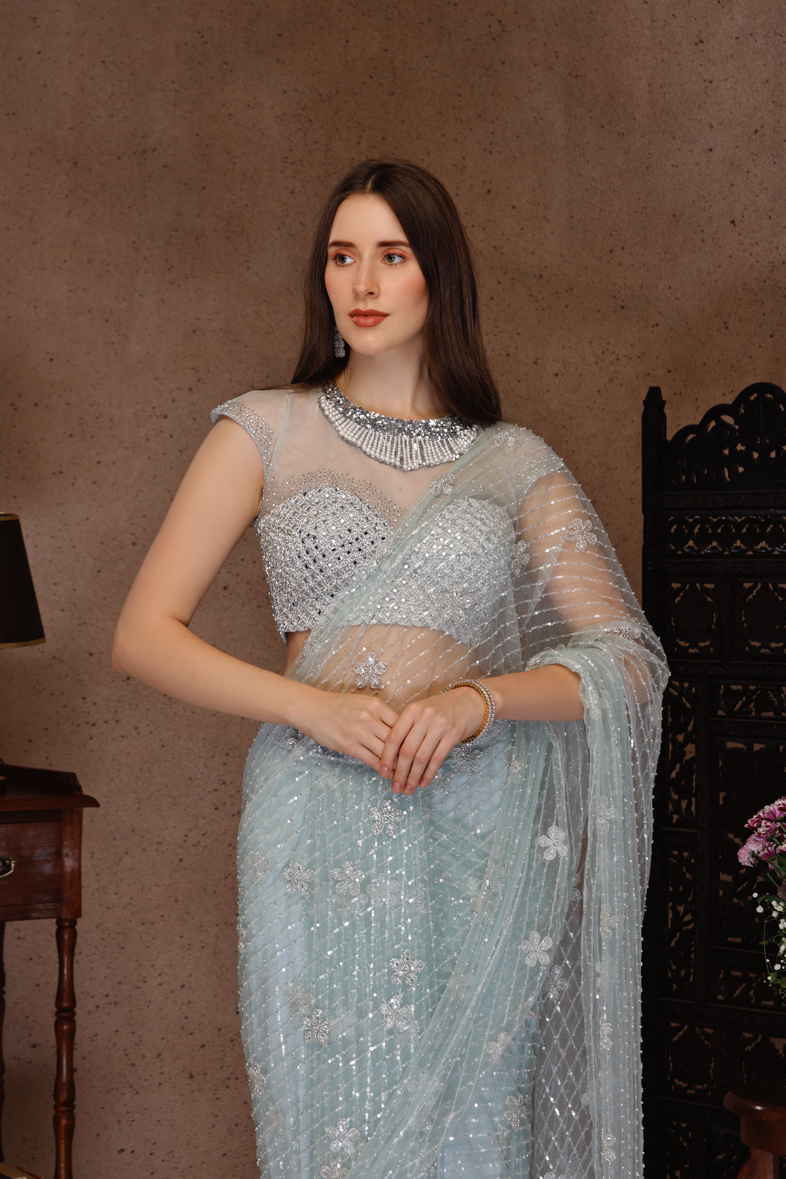 AQUA BLUE TOP WITH DRAPE SAREE