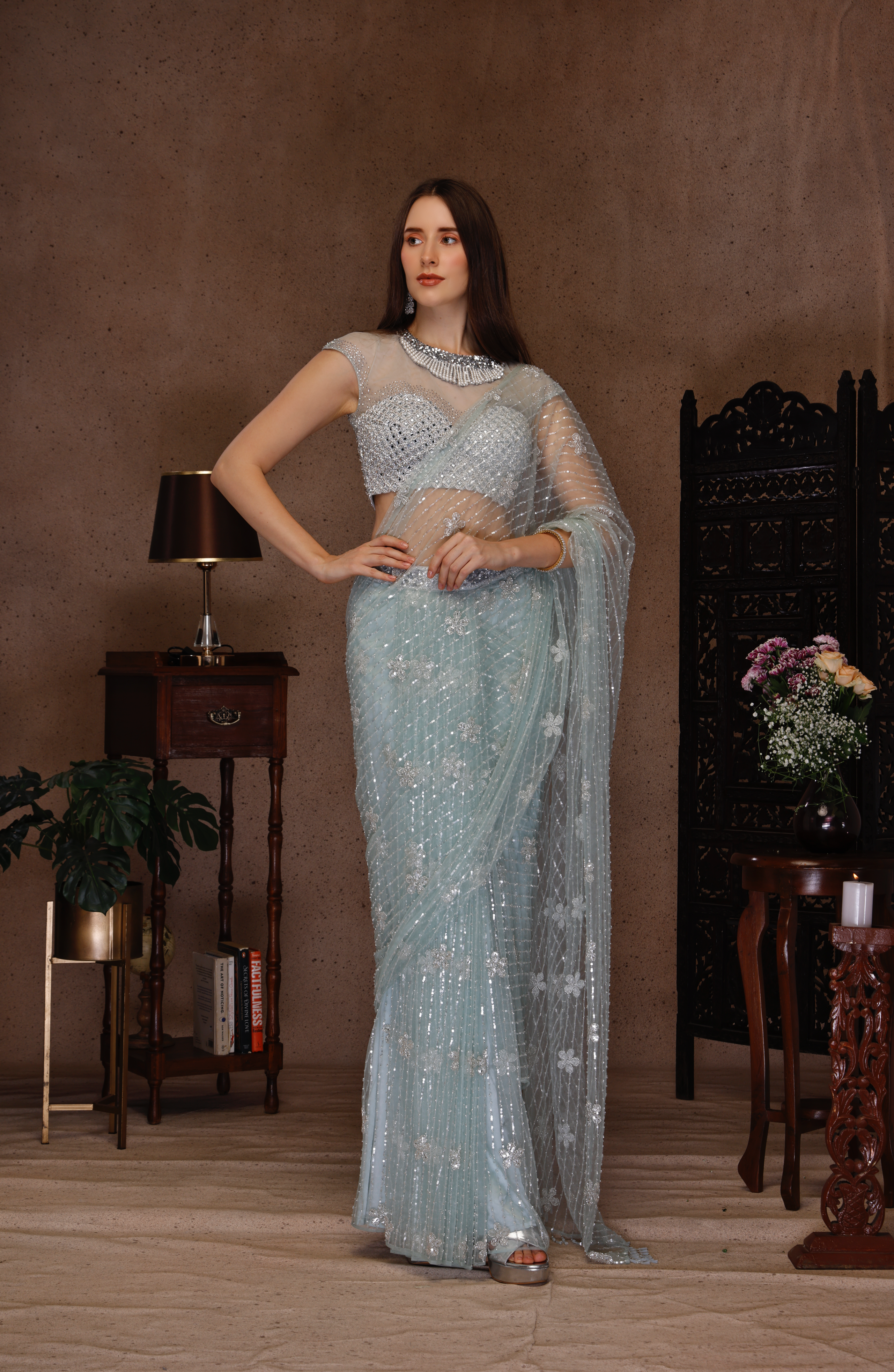 AQUA BLUE TOP WITH DRAPE SAREE