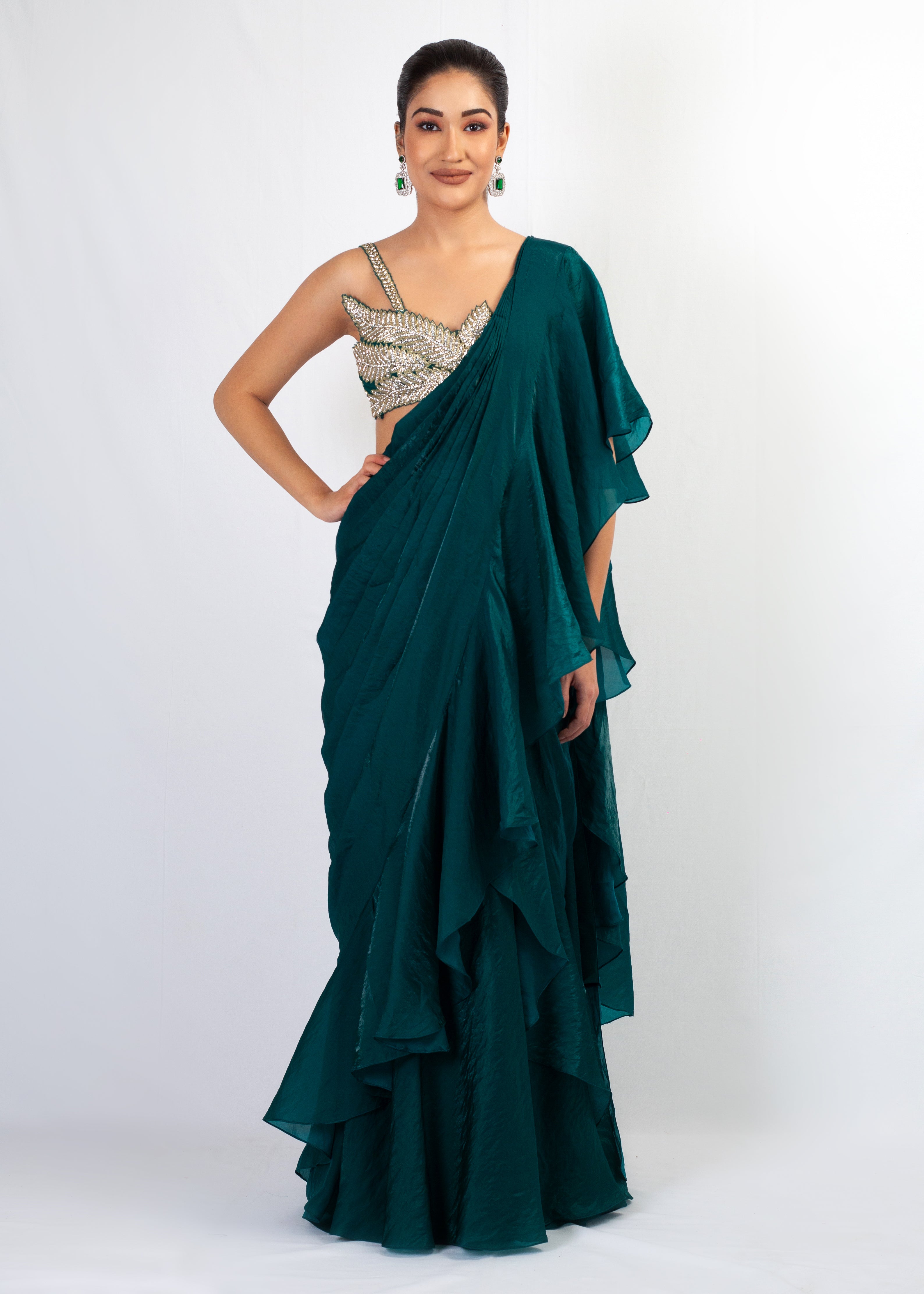 CORE SET TOP TEEL GREEN  FREEL SAREE