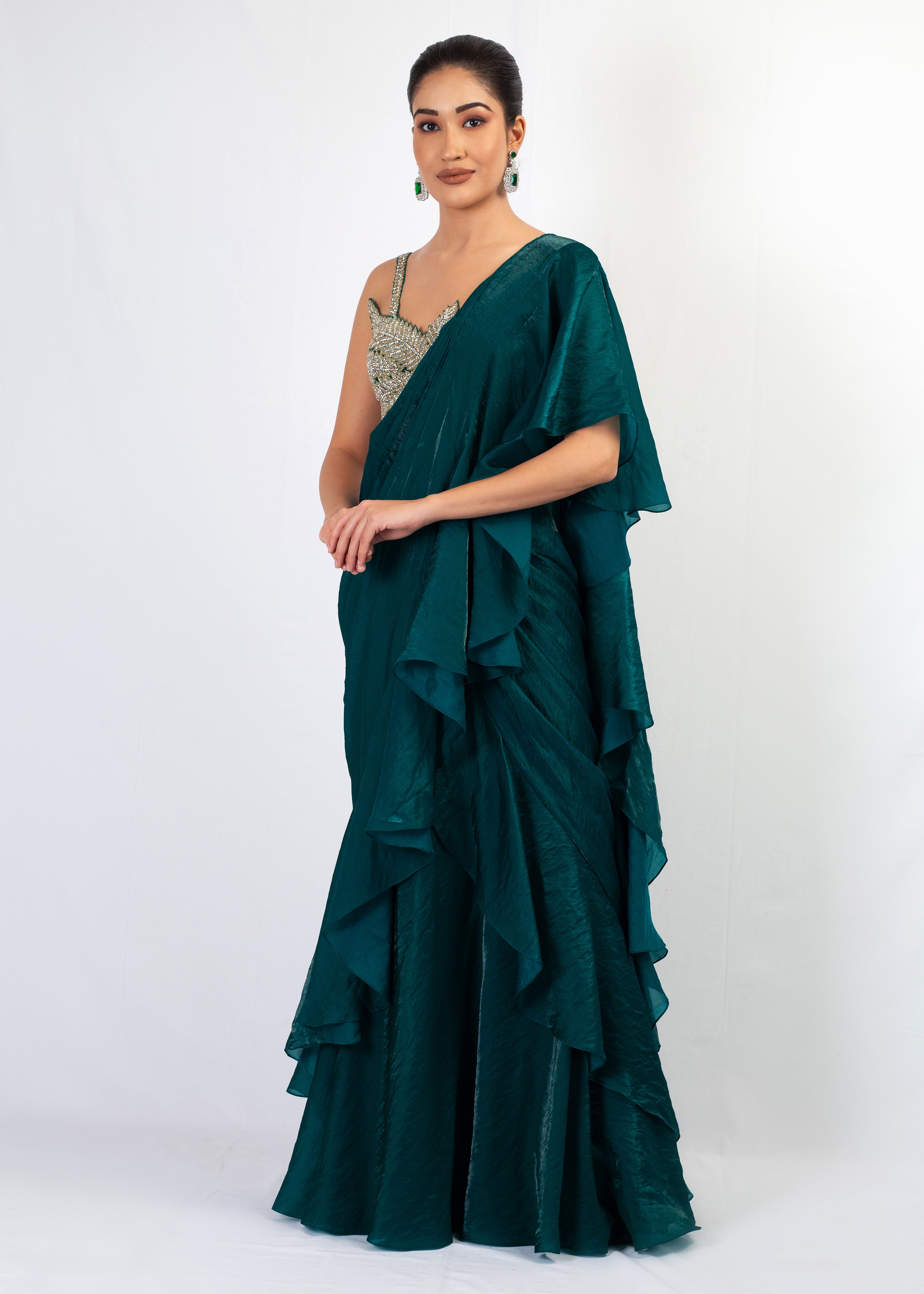 CORE SET TOP TEEL GREEN  FREEL SAREE