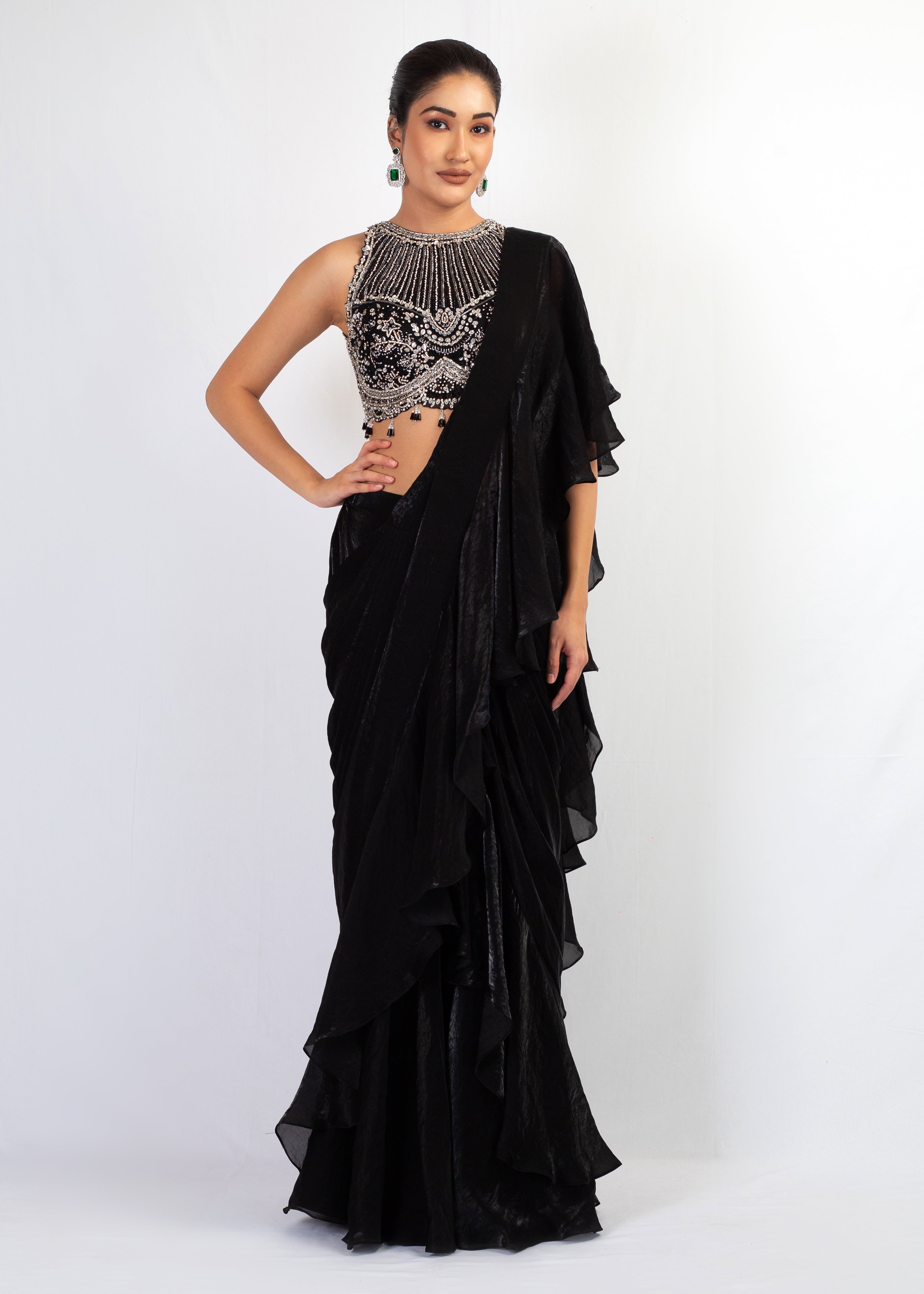 EMBROIDERED TOP WITH BLACK FANDY FRIL SAREE