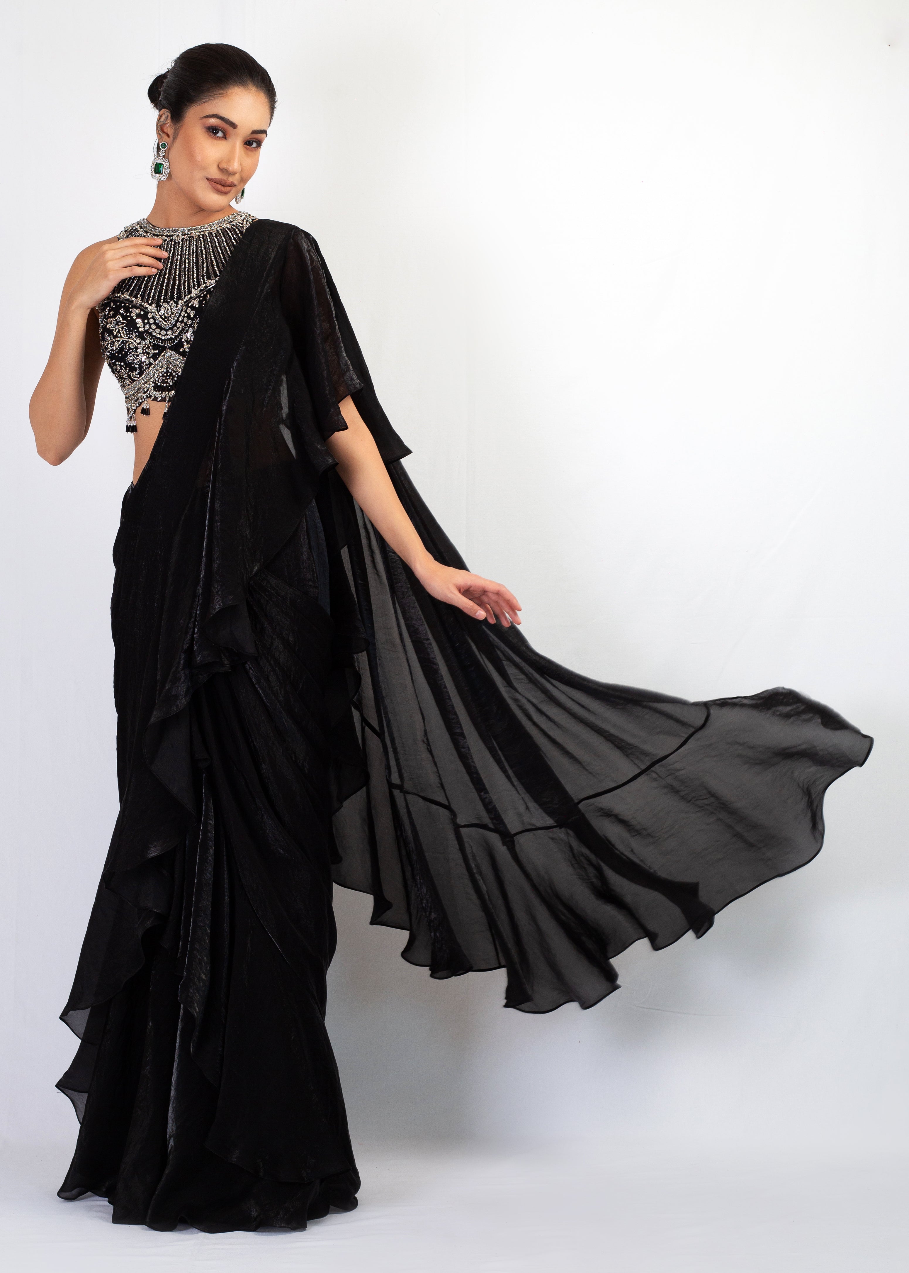 EMBROIDERED TOP WITH BLACK FANDY FRIL SAREE