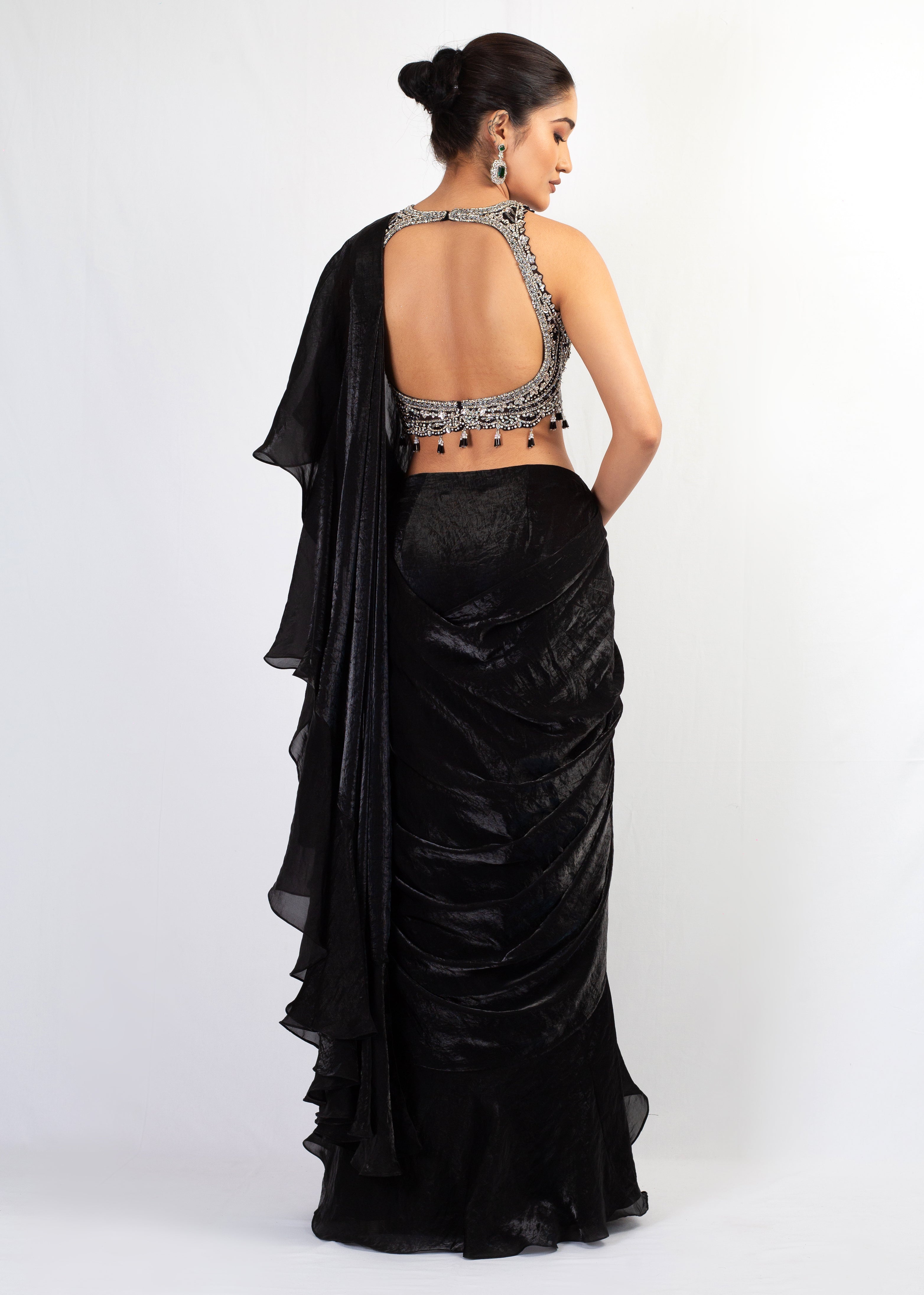 EMBROIDERED TOP WITH BLACK FANDY FRIL SAREE