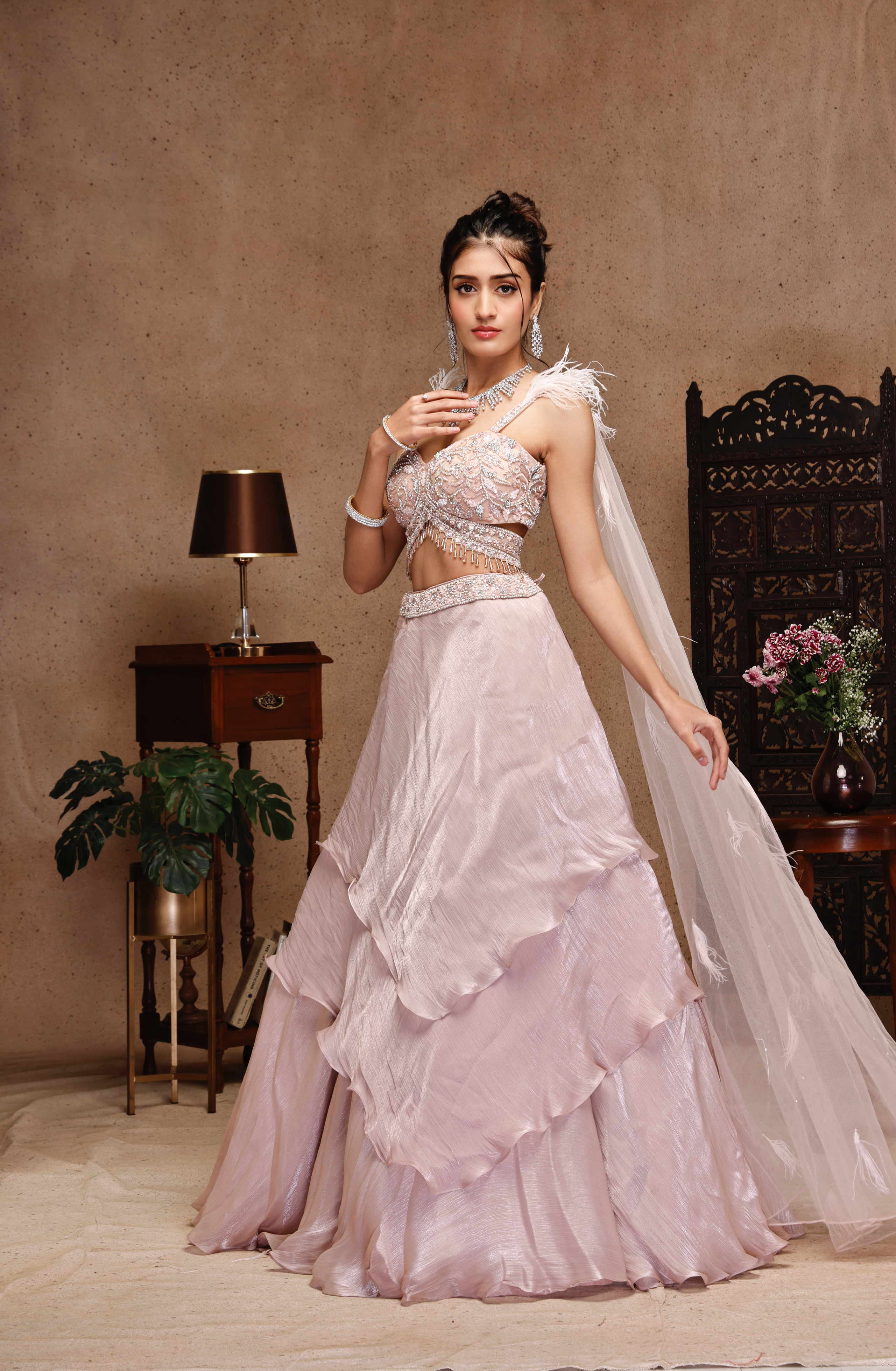 PEACH EMBROIDERY TOP WITH PEACH RUSSING SKIRT
