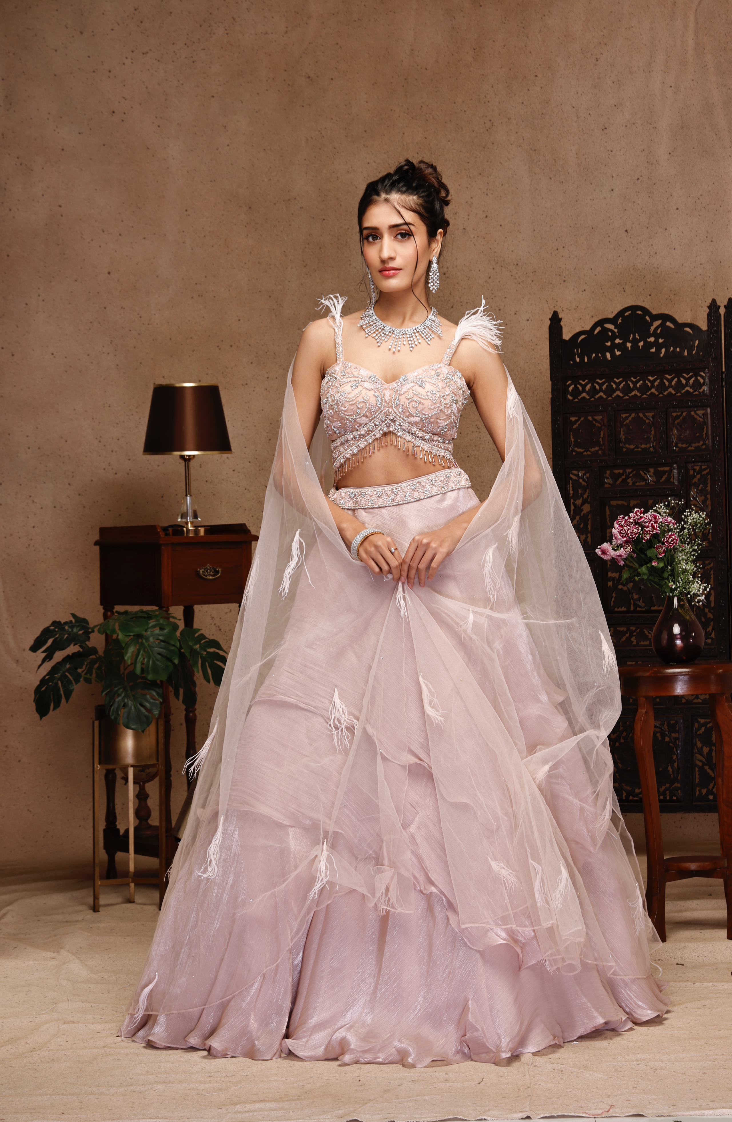 PEACH EMBROIDERY TOP WITH PEACH RUSSING SKIRT