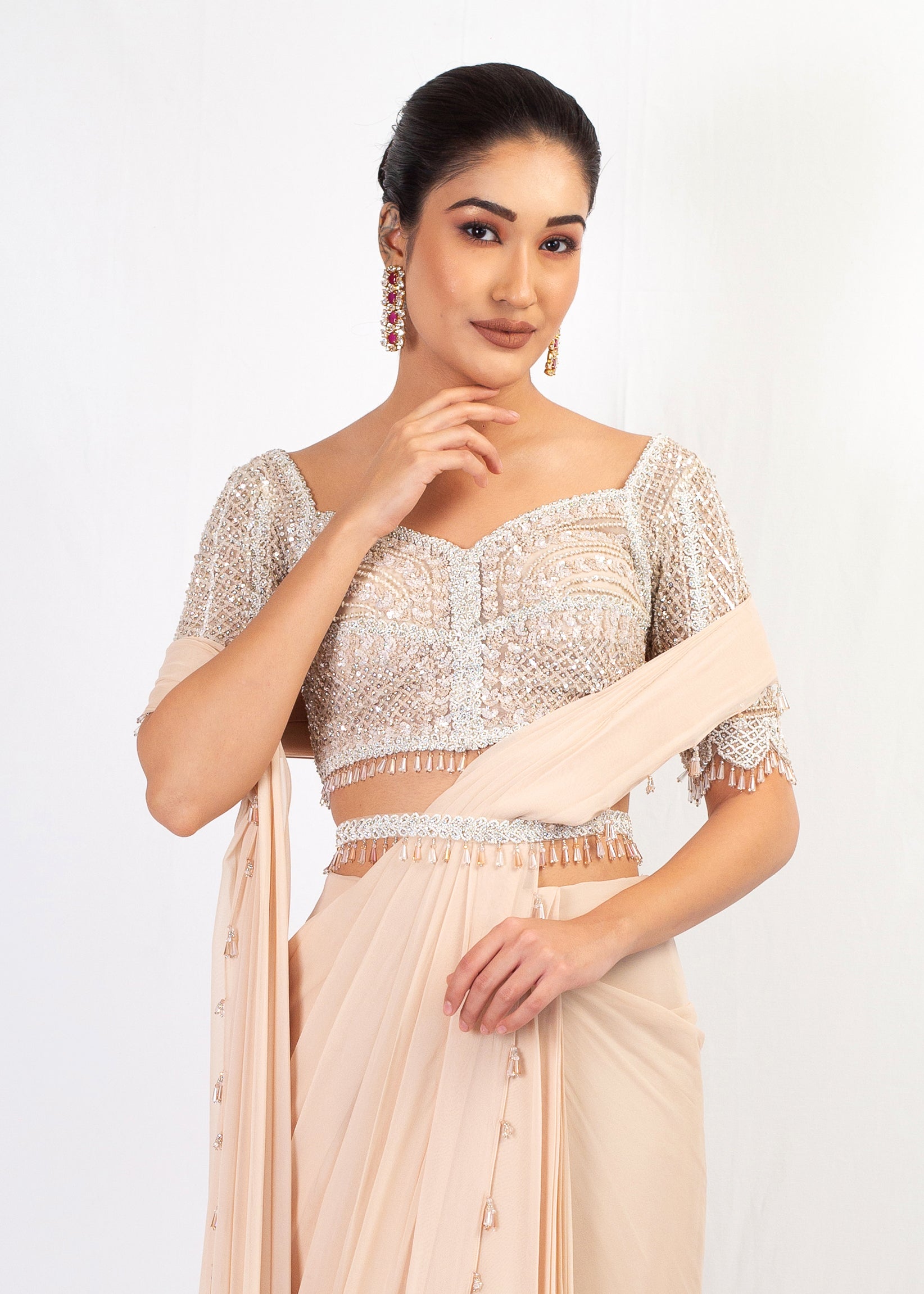 NUDE EMBROIDERED TOP WITH DRAPE GEOOGETTE SAREE
