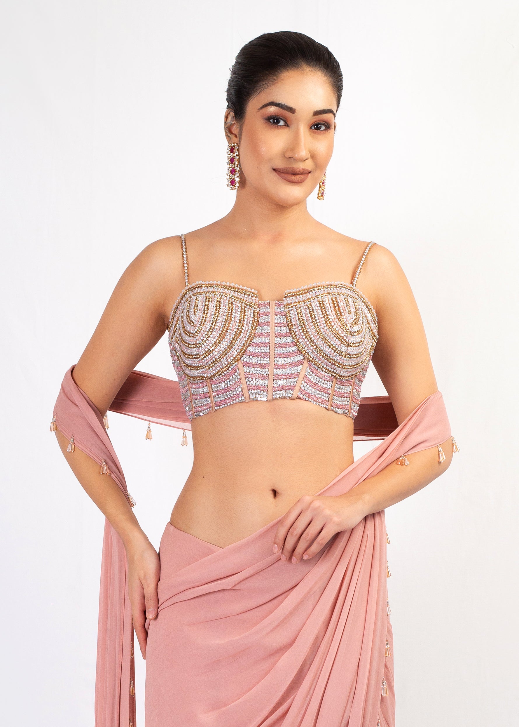 STRAP EMBROIDERED TOP WITH PINK GEORGETTE DRAPE SAREE