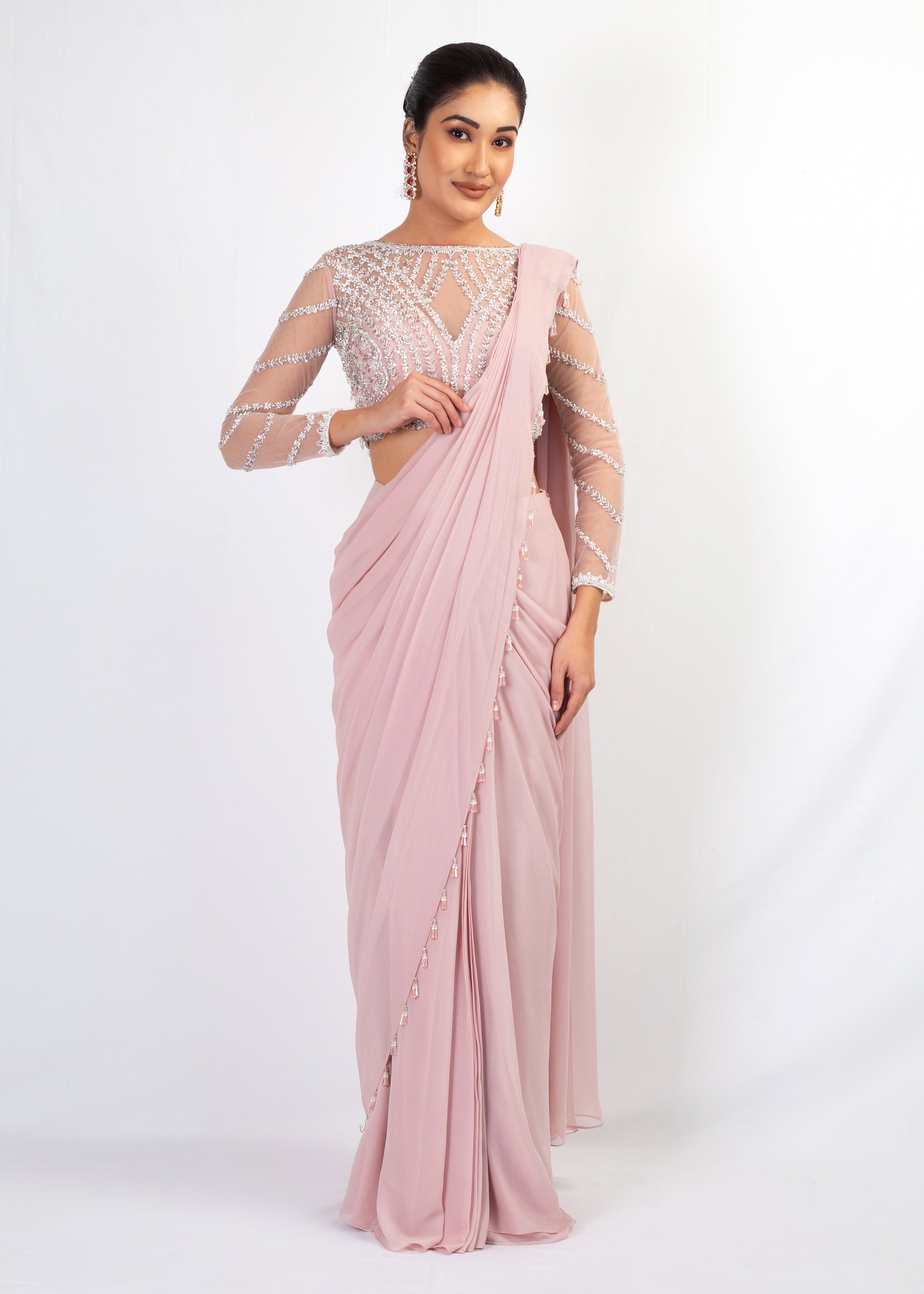 BABY PINK FULLY EMBROIDERY TOP WITH GEORGETTE DRAPE SAREE