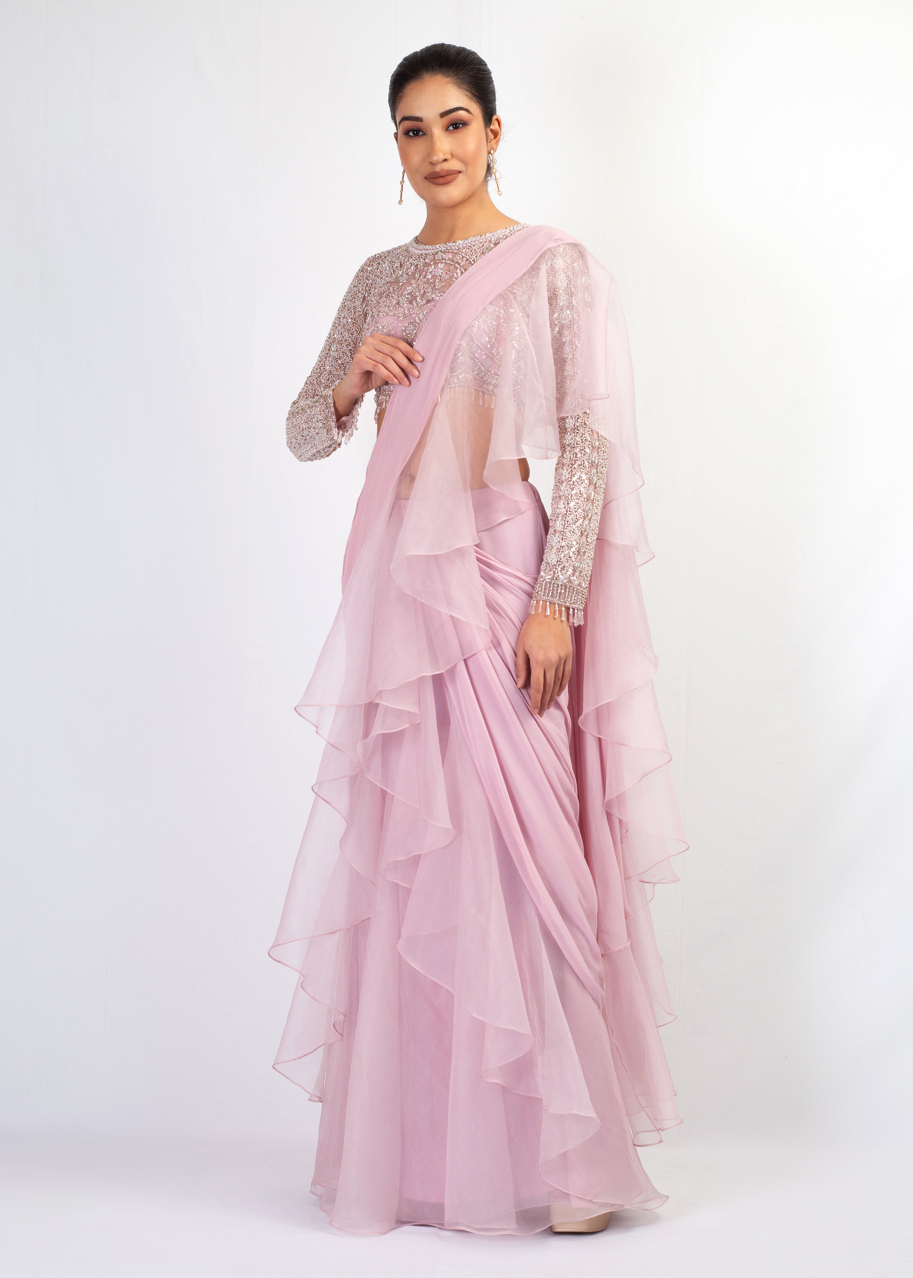 EMBROIDERED FULL SLEEVES TOP WITH PINK ORGANZA FRIL GEORGETTE SAREE