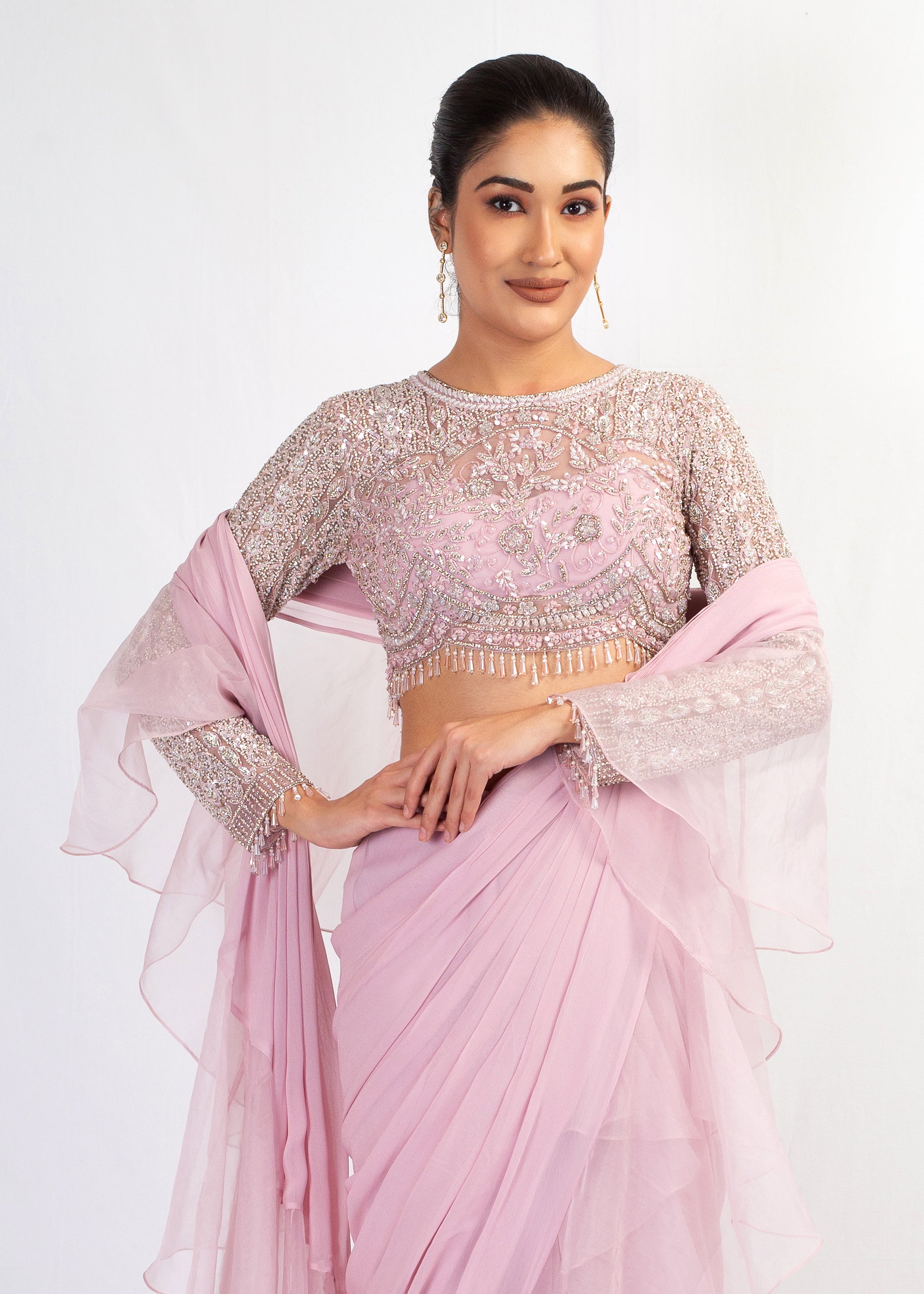 EMBROIDERED FULL SLEEVES TOP WITH PINK ORGANZA FRIL GEORGETTE SAREE