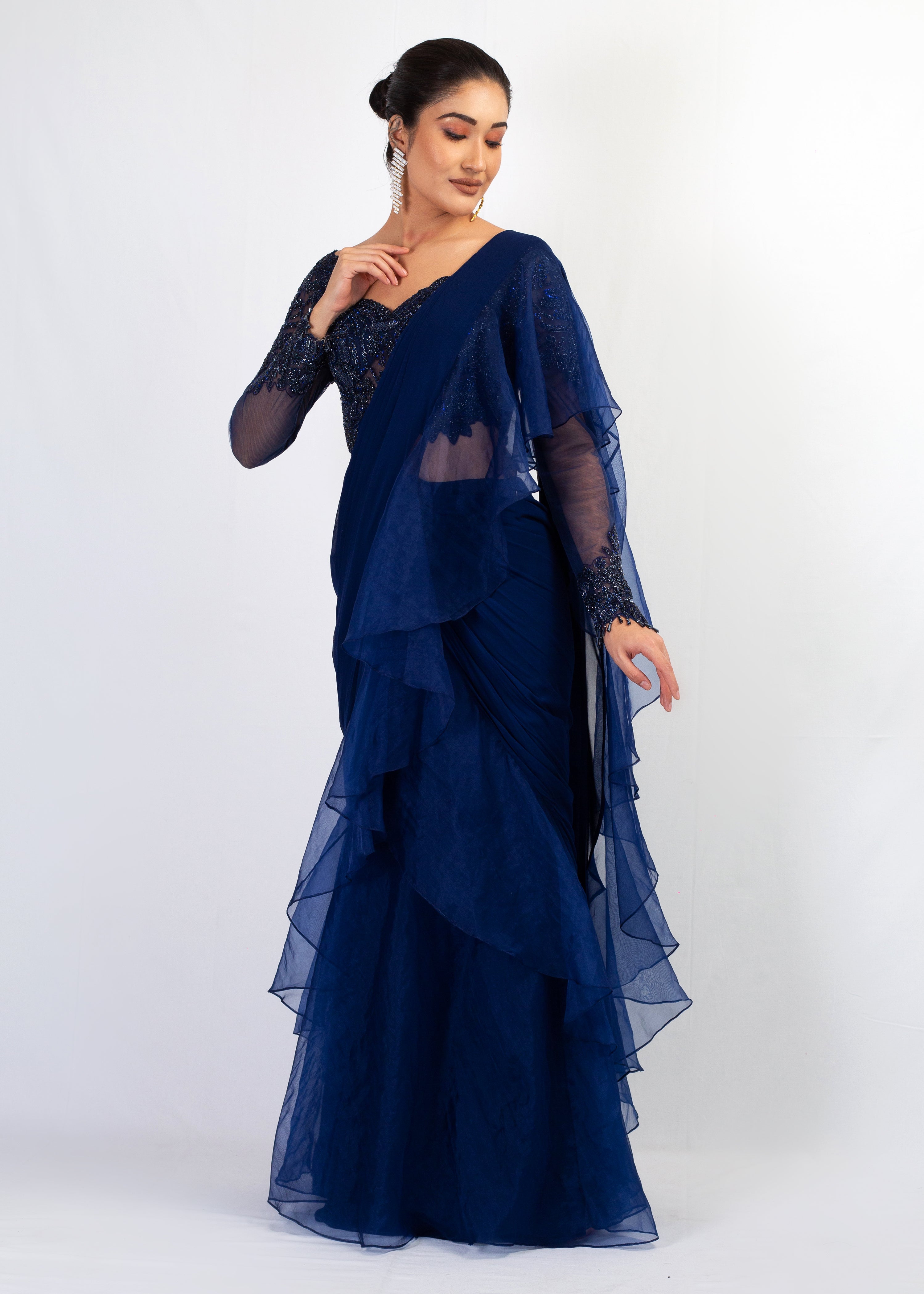 NAVY BLUE EMBROIDERED TOP WITH ORGANZA FRIL GEORGETTE SAREE
