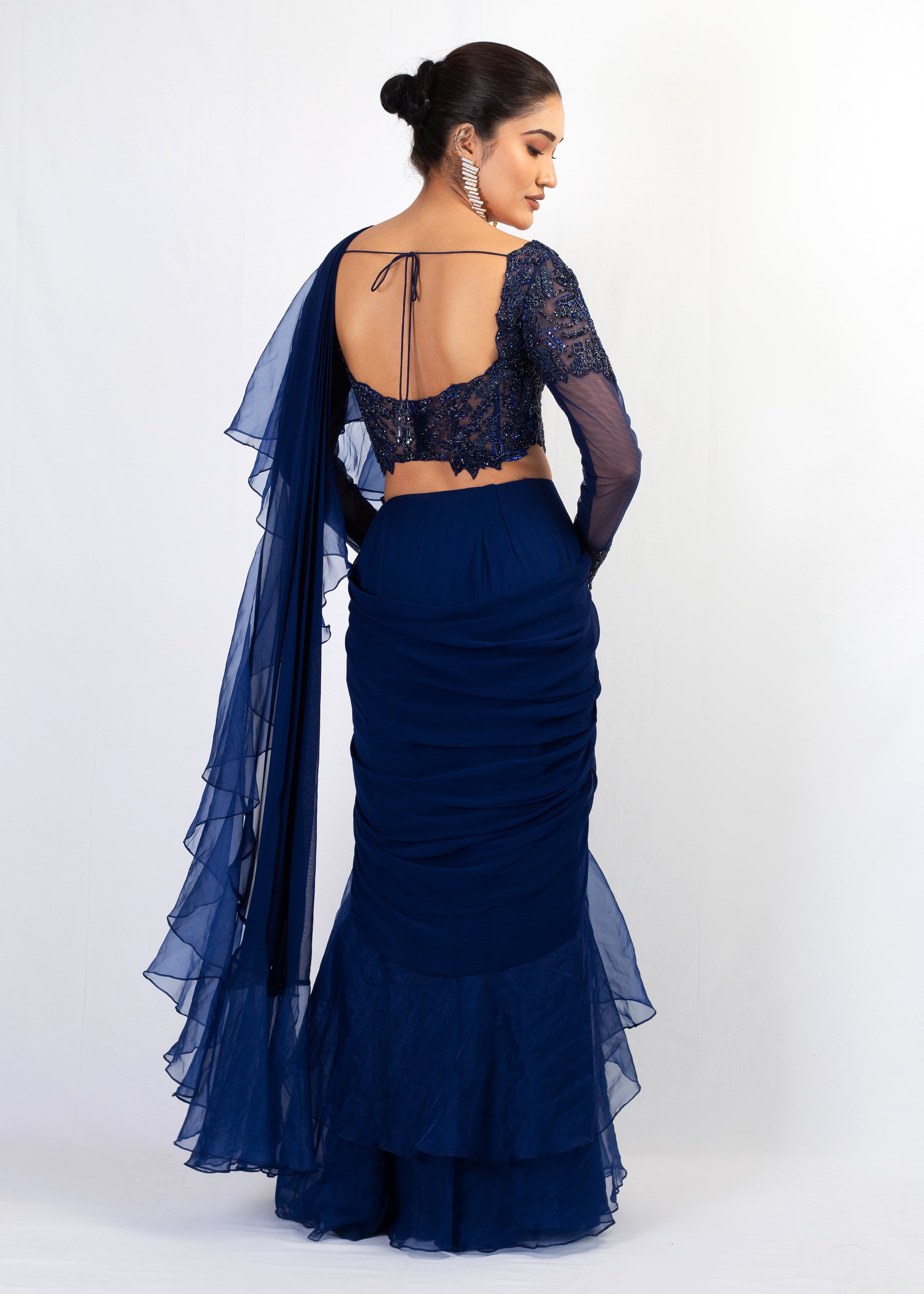 NAVY BLUE EMBROIDERED TOP WITH ORGANZA FRIL GEORGETTE SAREE