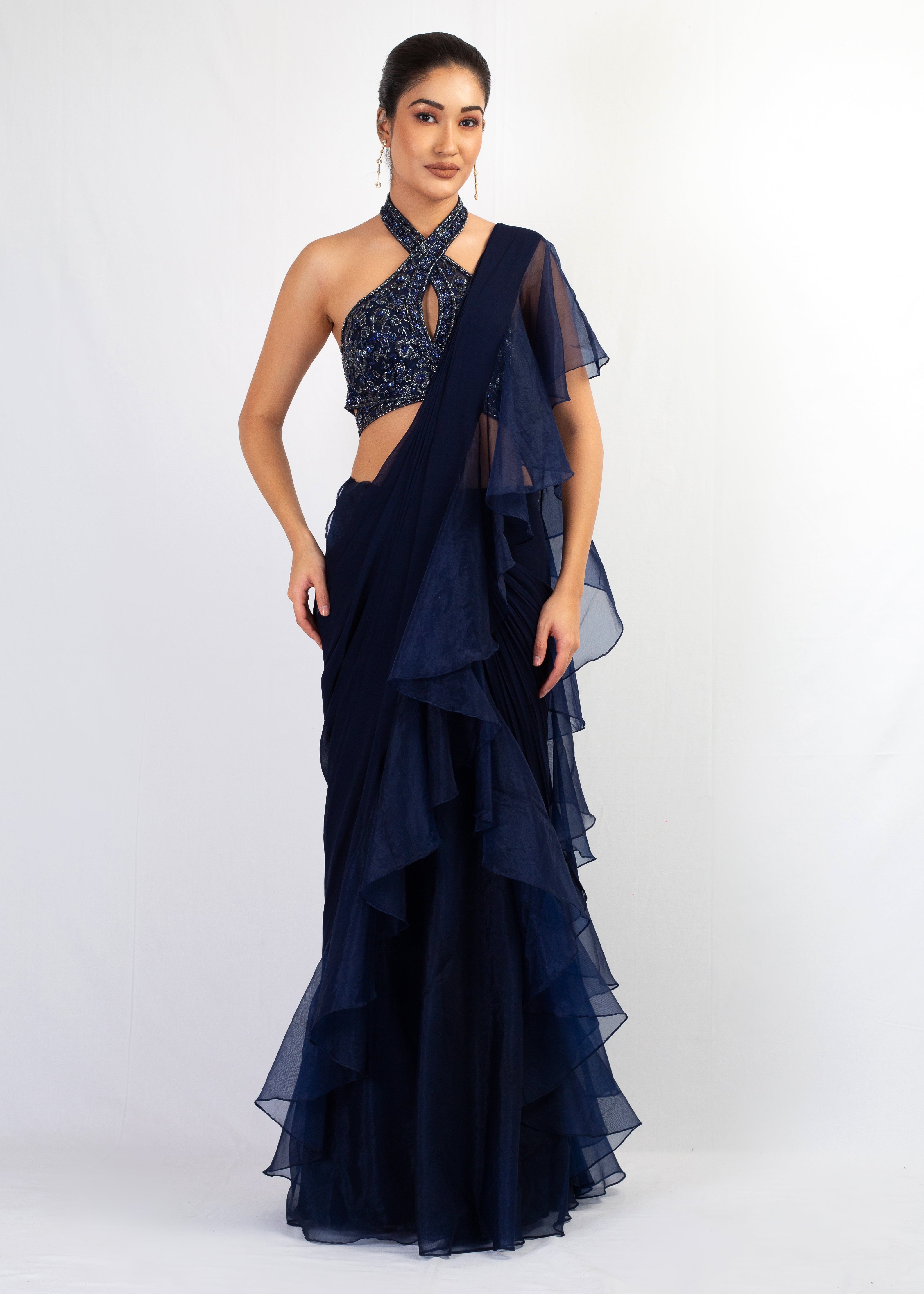 NAVY BLUE EMBROIDERY  TOP WITH ORGANZA FRILL GEORGETTE SAREE