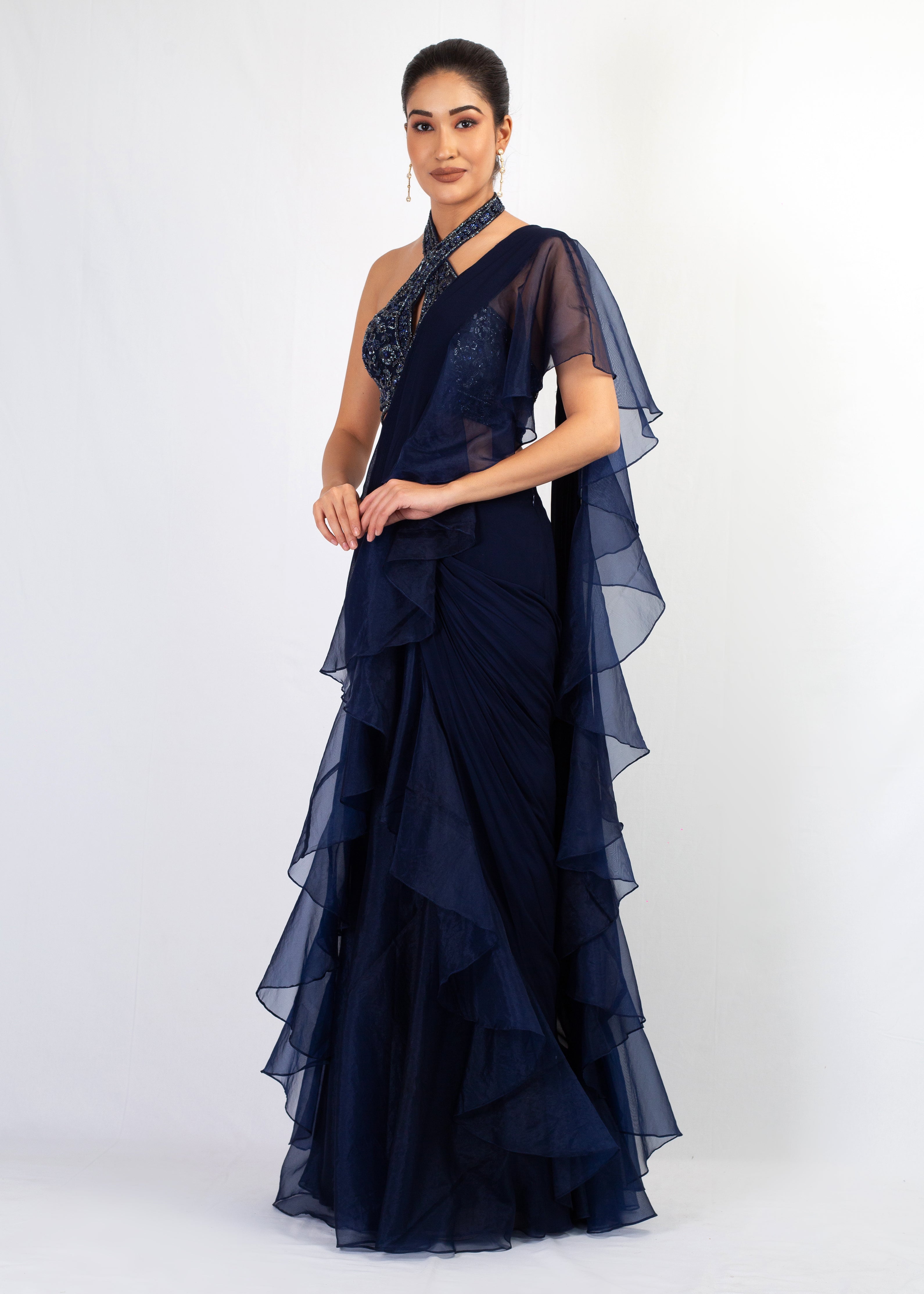 NAVY BLUE EMBROIDERY  TOP WITH ORGANZA FRILL GEORGETTE SAREE