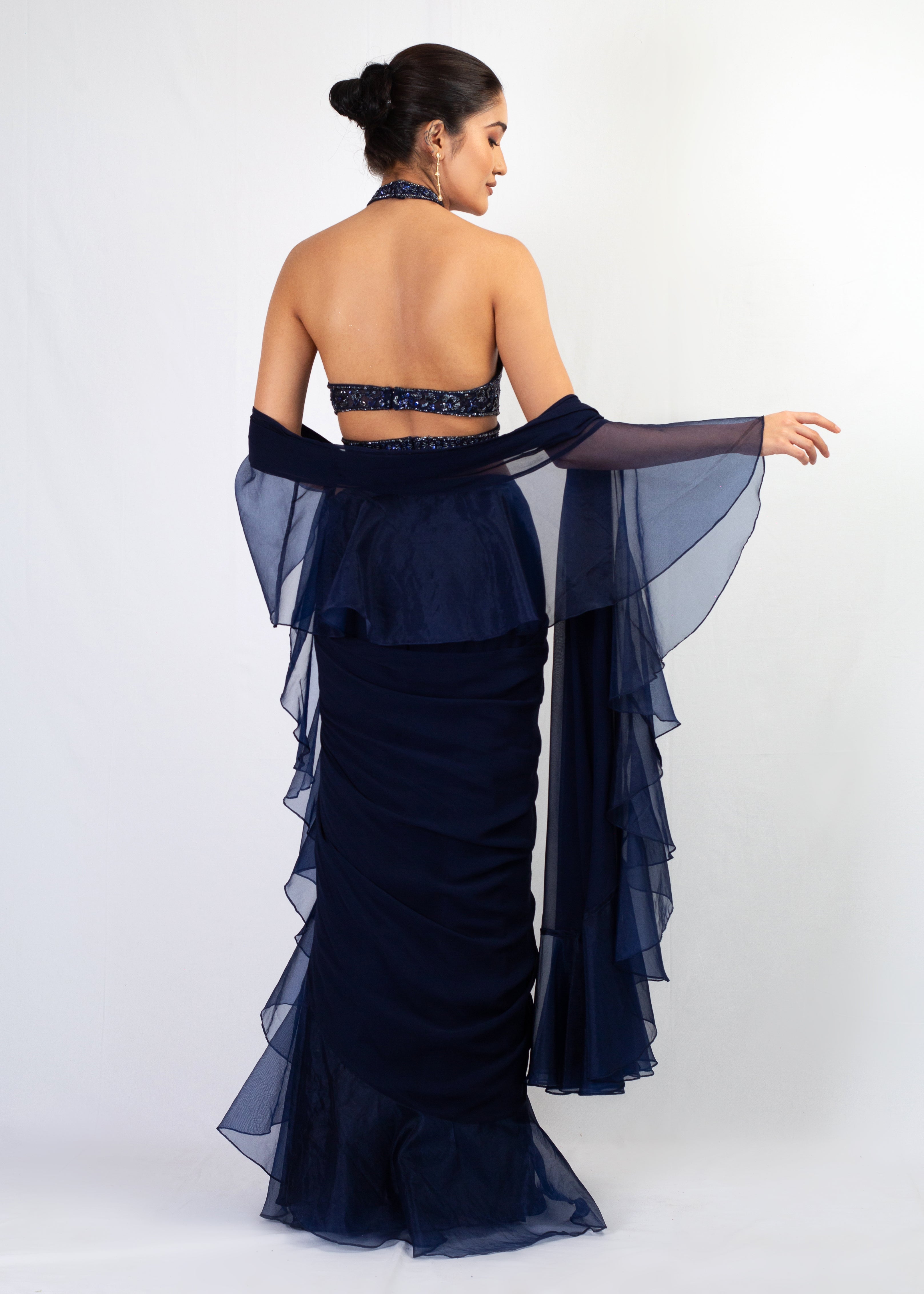 NAVY BLUE EMBROIDERY  TOP WITH ORGANZA FRILL GEORGETTE SAREE