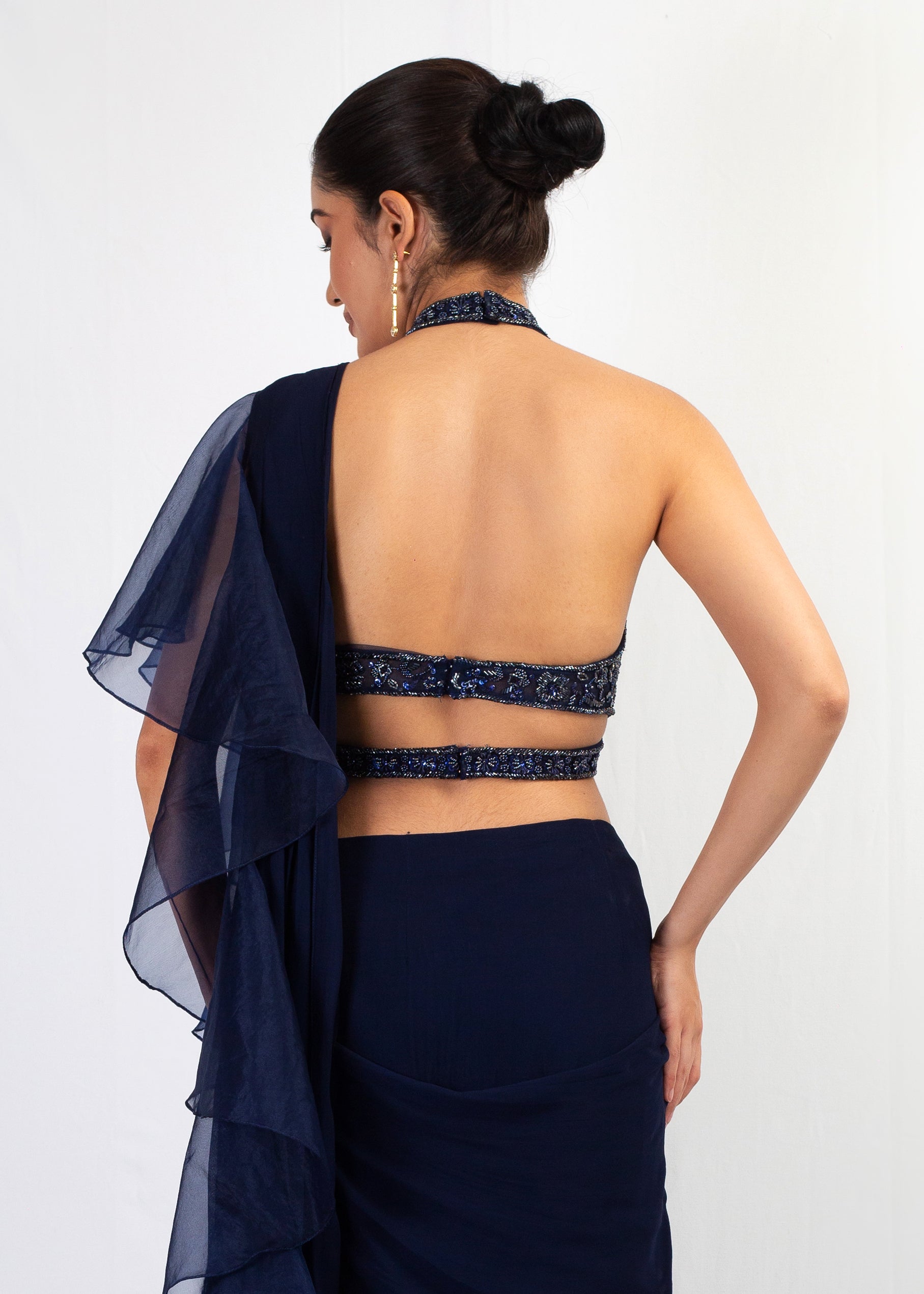 NAVY BLUE EMBROIDERY  TOP WITH ORGANZA FRILL GEORGETTE SAREE