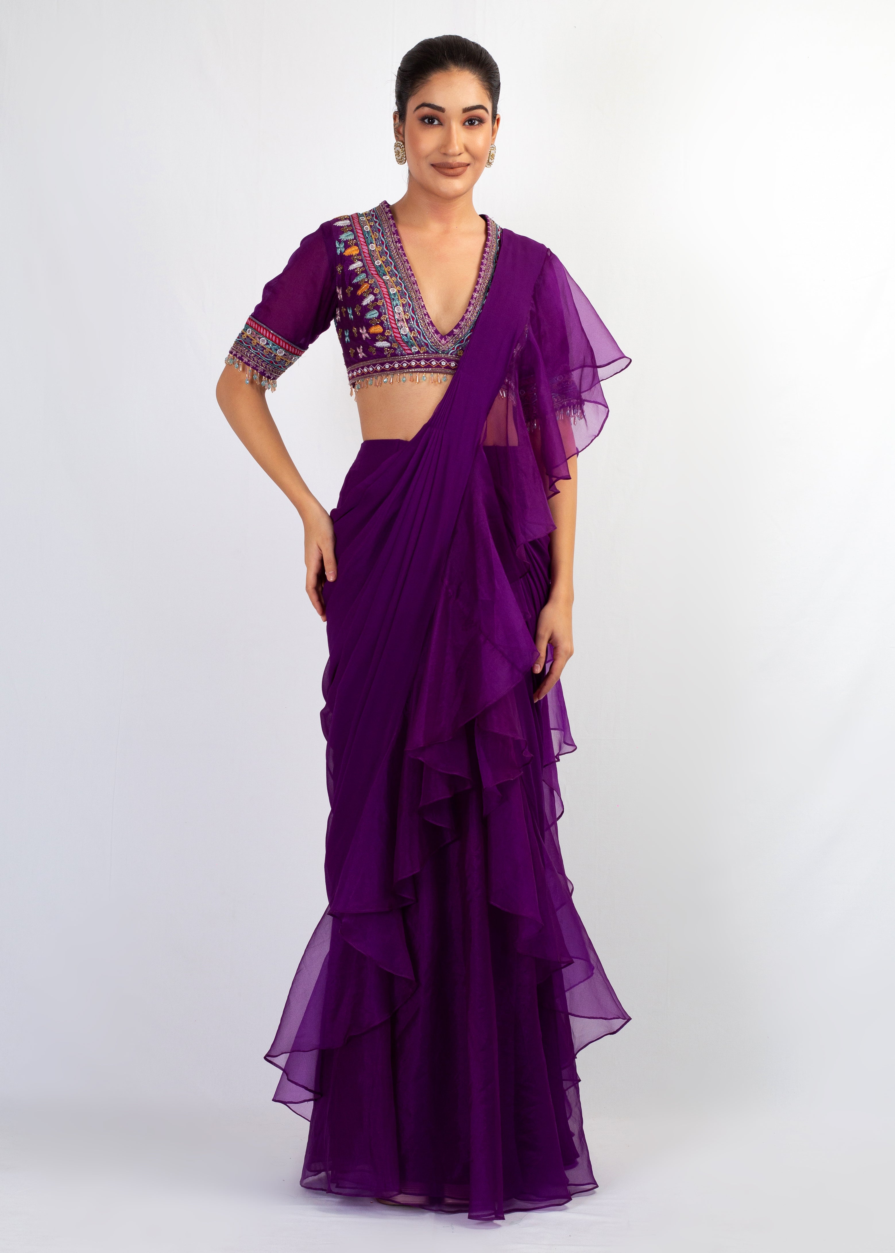 PURPLE EMBROIDERED TOP WITH PURPLE ORGENZA FRIL GEORGETTE SAREE