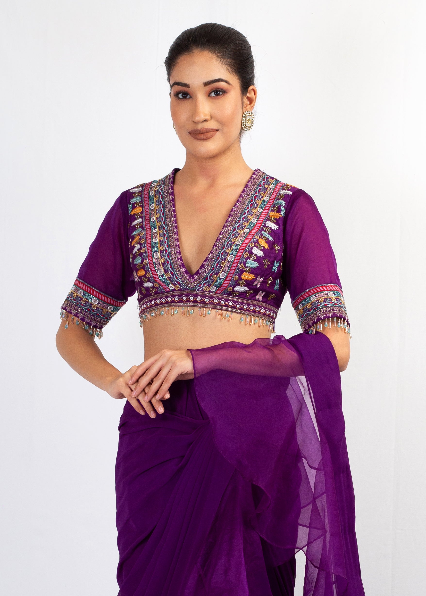 PURPLE EMBROIDERED TOP WITH PURPLE ORGENZA FRIL GEORGETTE SAREE