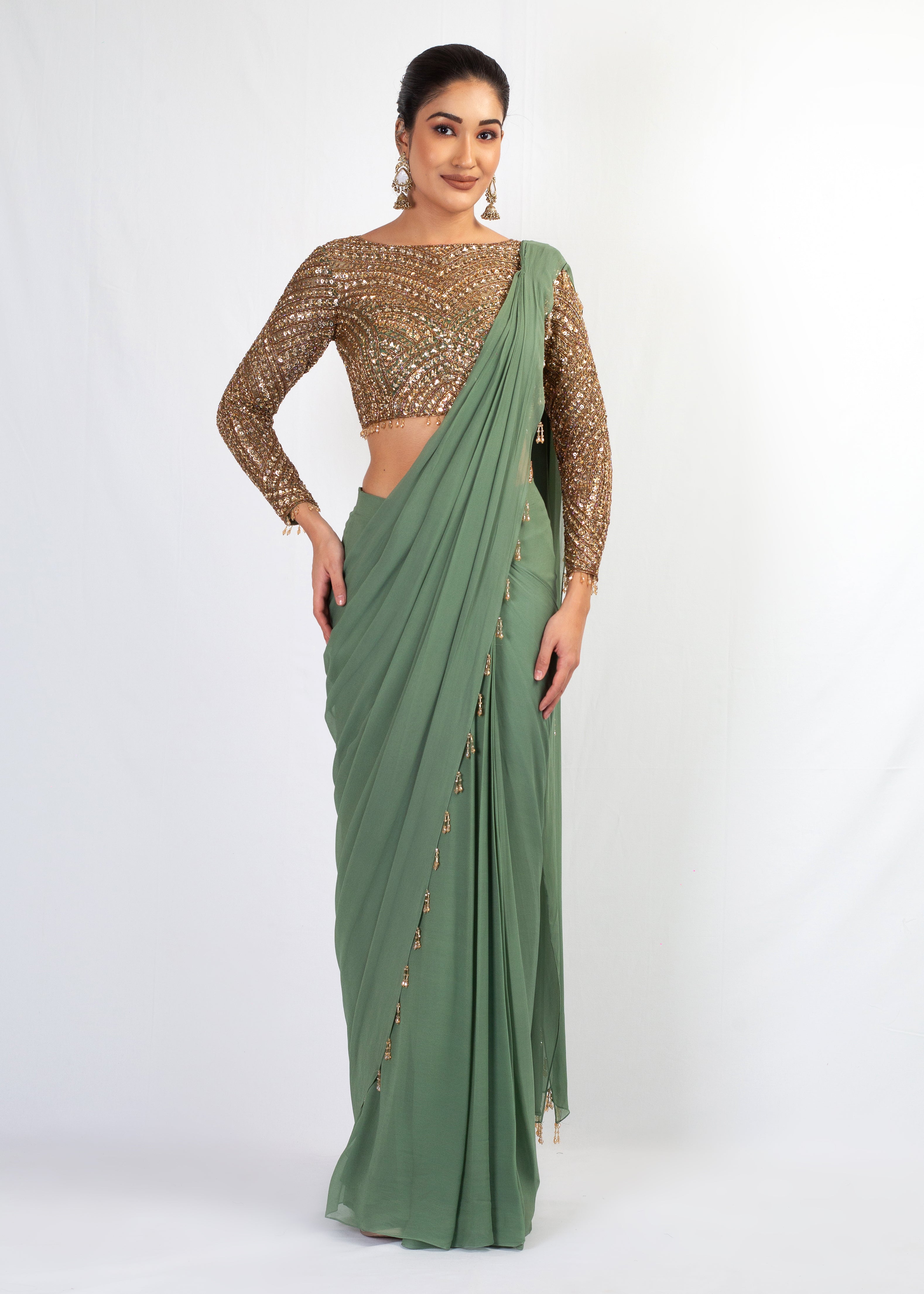 GOLD EMBROIDERED TOP WITH GREEN DRAPE GEORGETTE SAREE