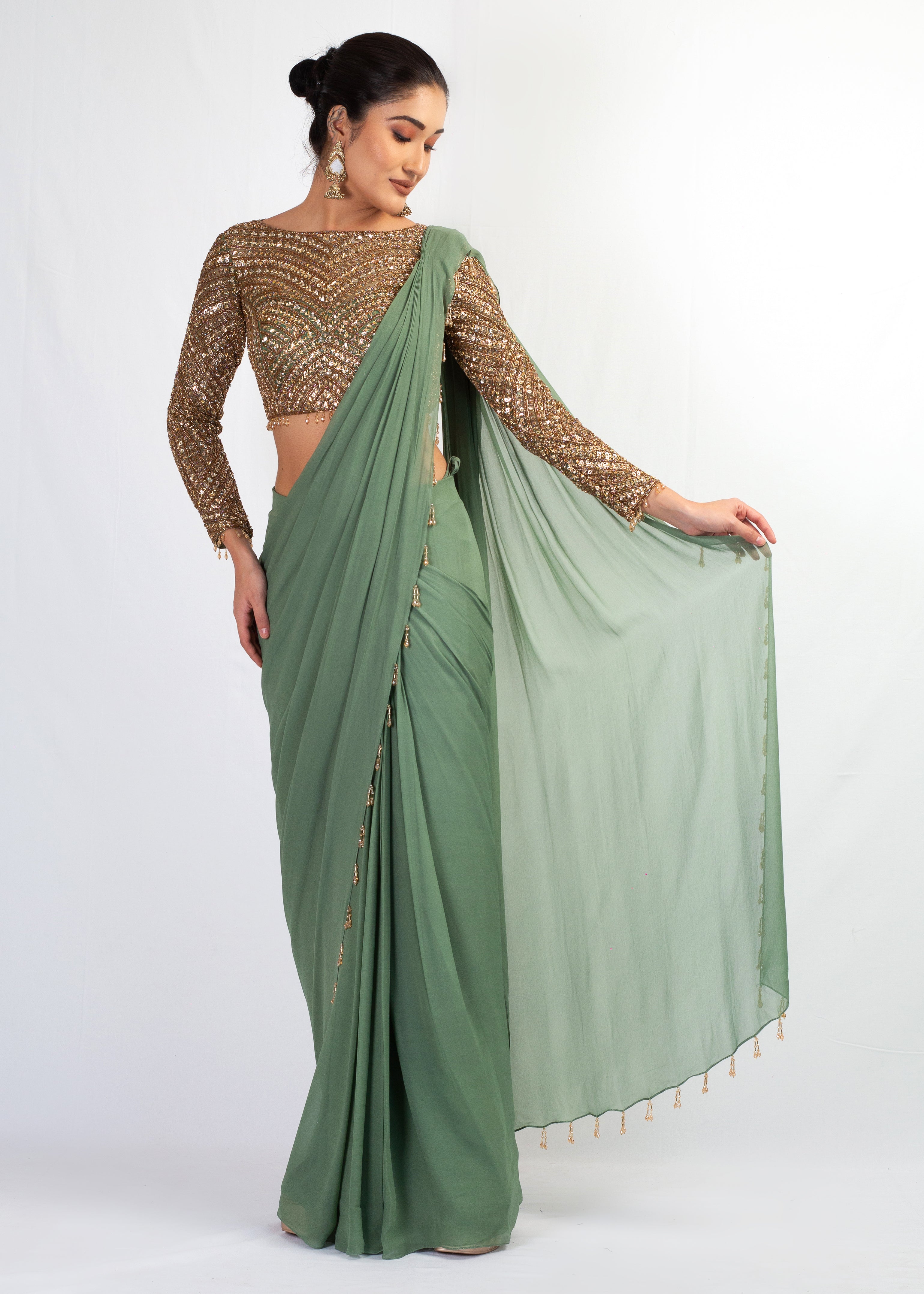 GOLD EMBROIDERED TOP WITH GREEN DRAPE GEORGETTE SAREE