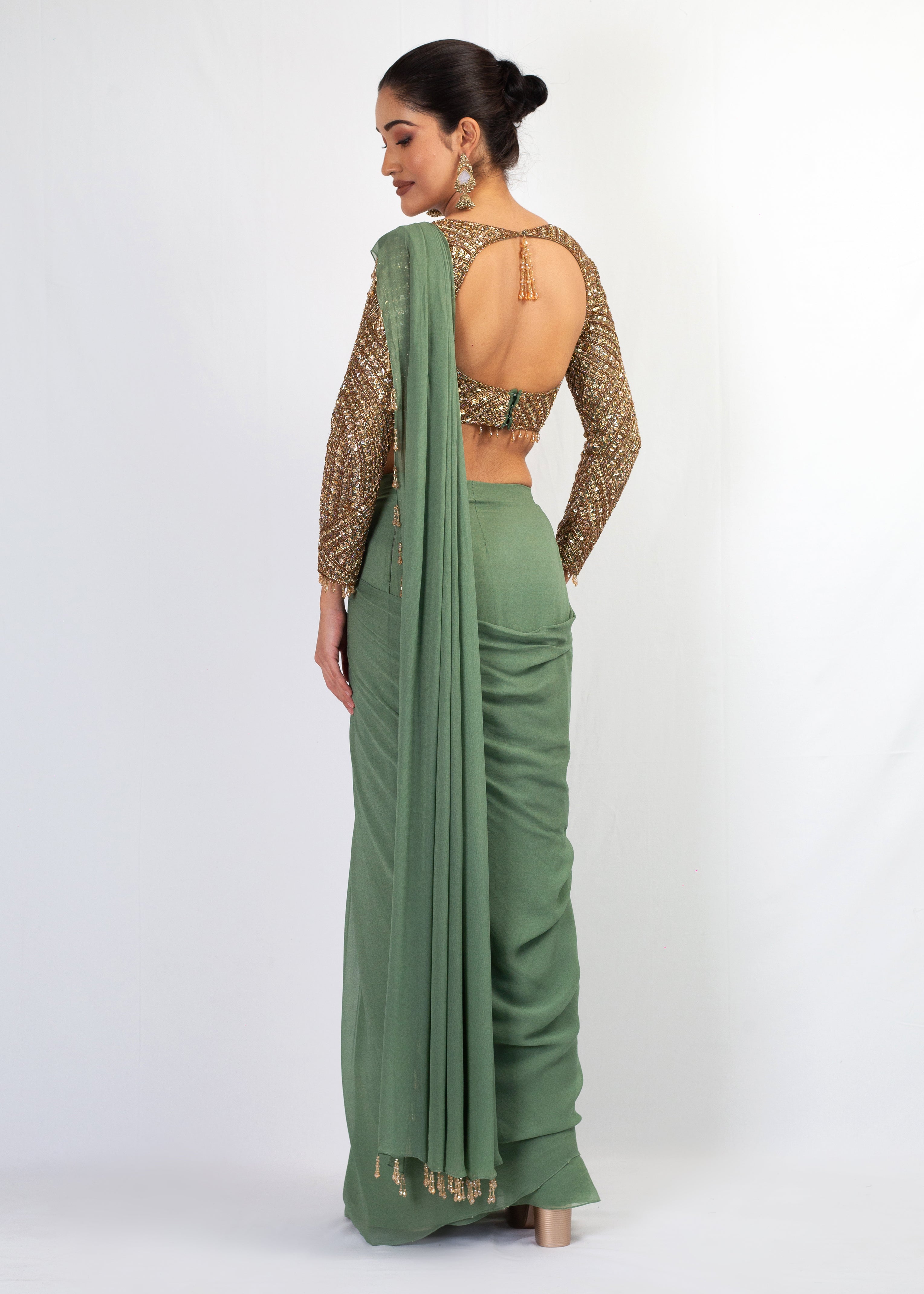 GOLD EMBROIDERED TOP WITH GREEN DRAPE GEORGETTE SAREE