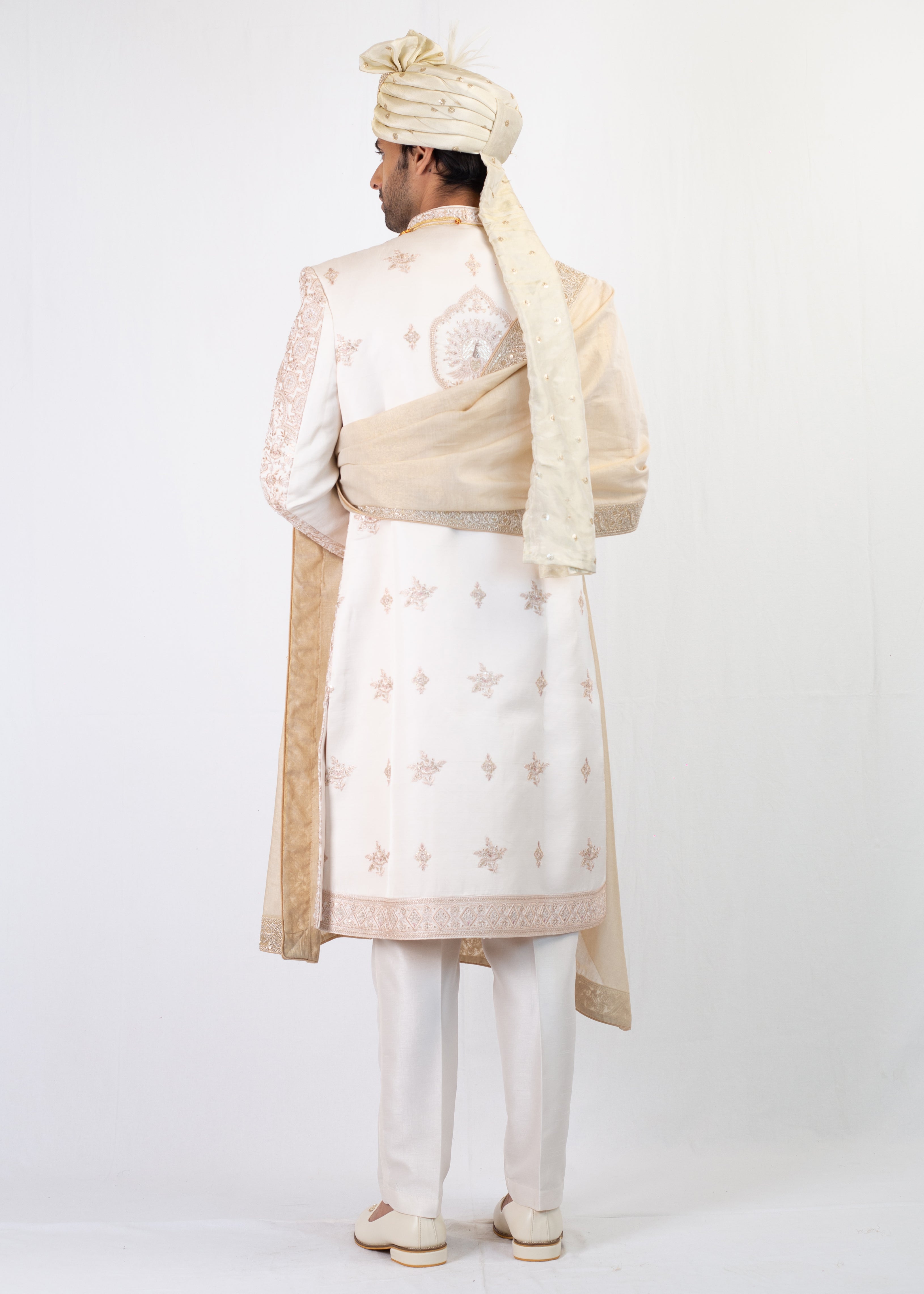 MULTI THREAD PEACH EMBROIDERY SHERWANI WITH KURTA AND TROUSER