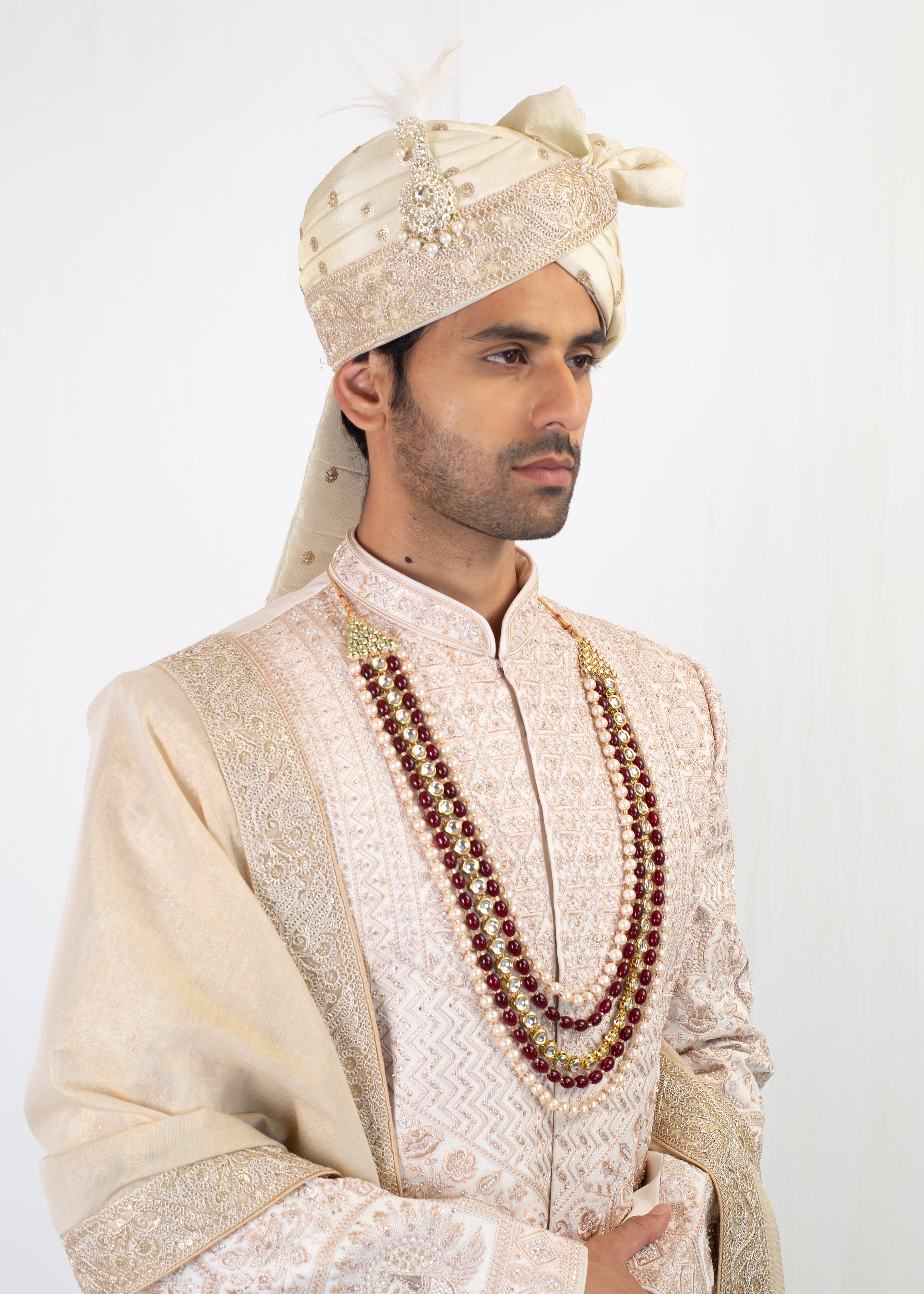 MULTI THREAD PEACH EMBROIDERY SHERWANI WITH KURTA AND TROUSER