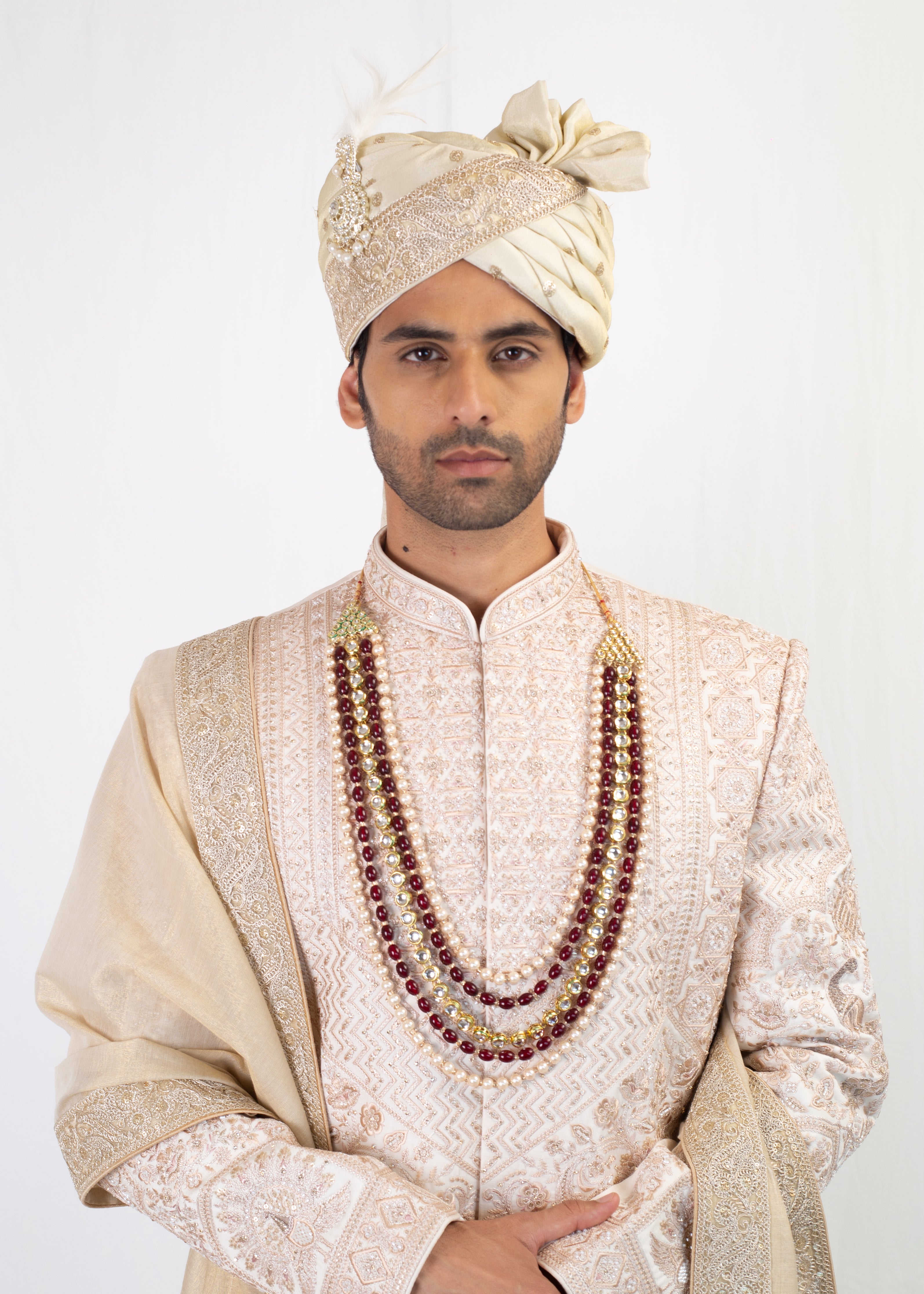 MULTI THREAD PEACH EMBROIDERY SHERWANI WITH KURTA AND TROUSER