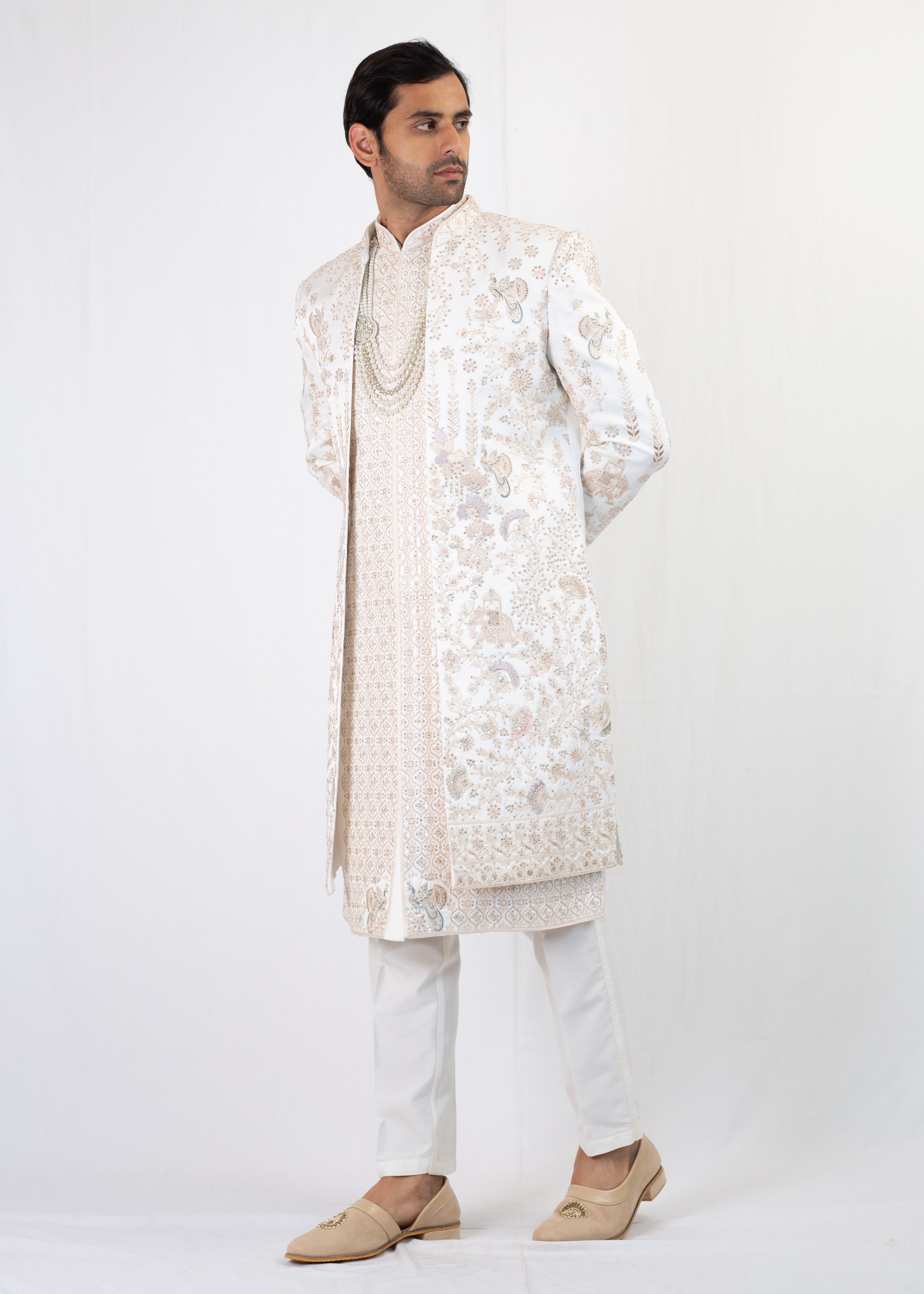 ELEGANT WHITE EMBROIDERU SHERWANI AND KURTA WITH CHURIDAR