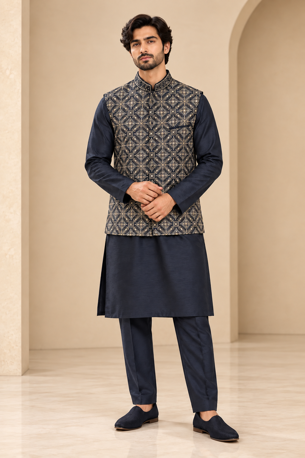 Navy Blue & Gold Patterned Jacket Set