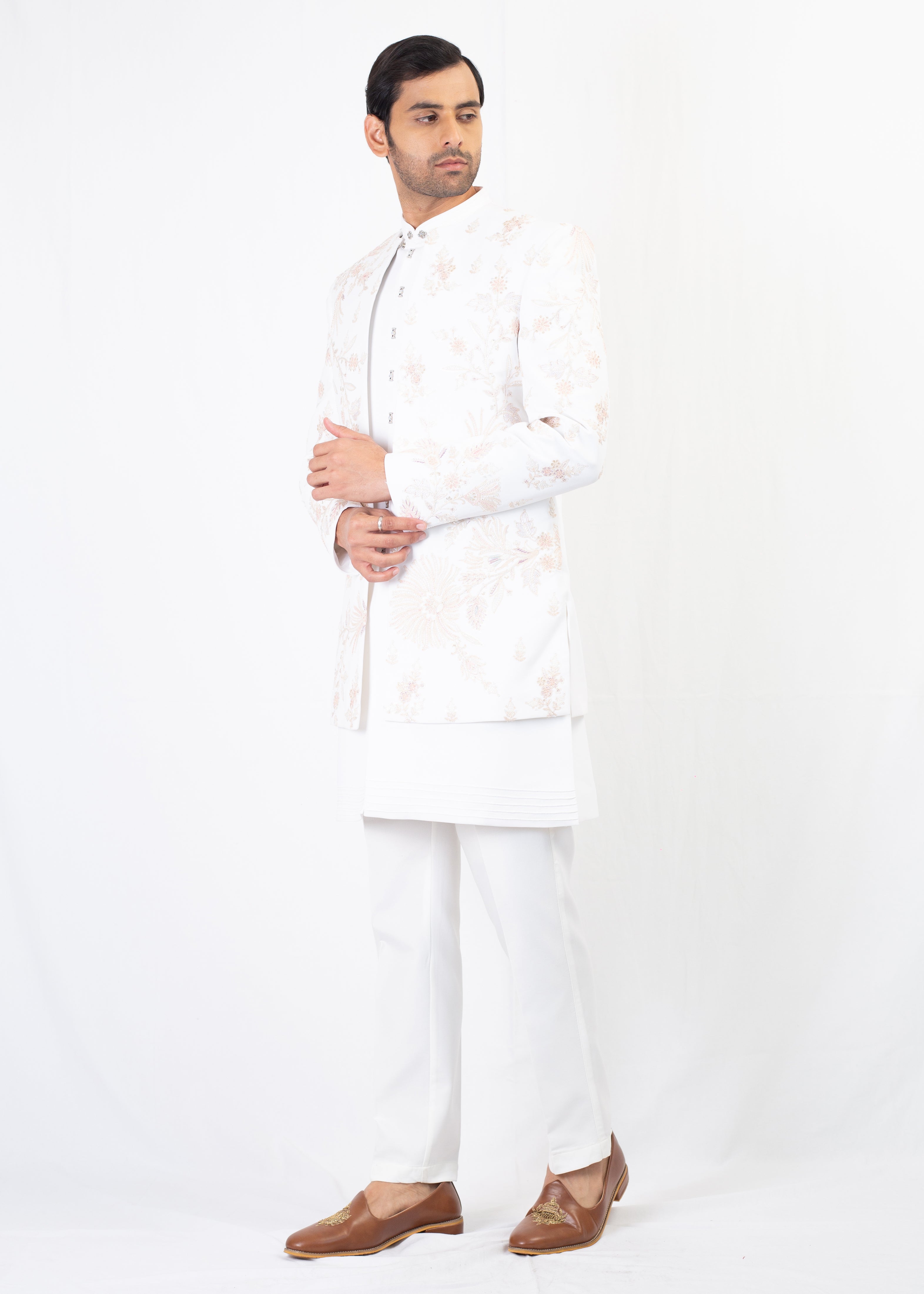 WHITE EMBROIDERY WAISTCOT & KURTA WITH TROUSER