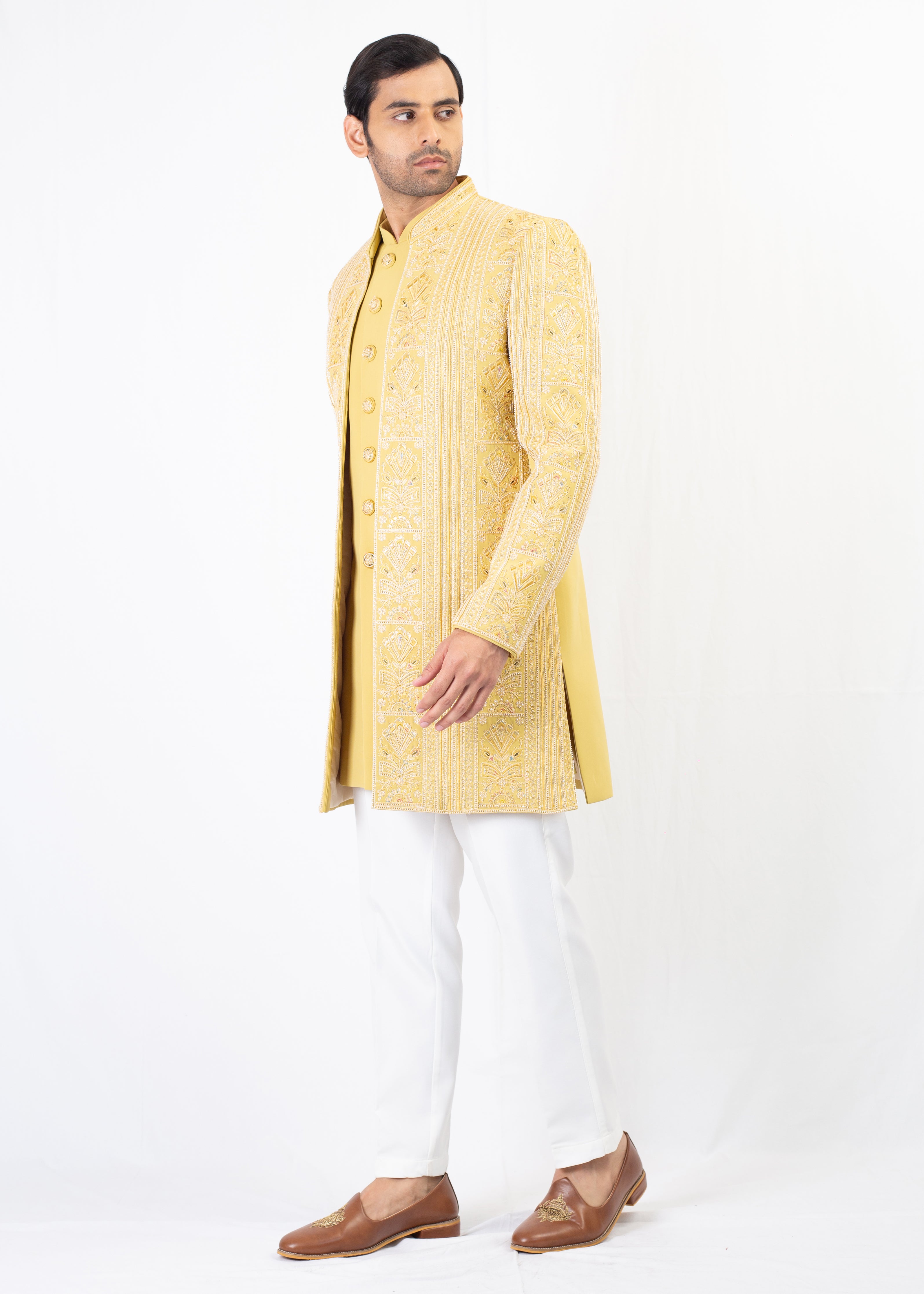 YELLOW EMBROIDERY SHERWANI & KURTA WITH WHITE TROUSER