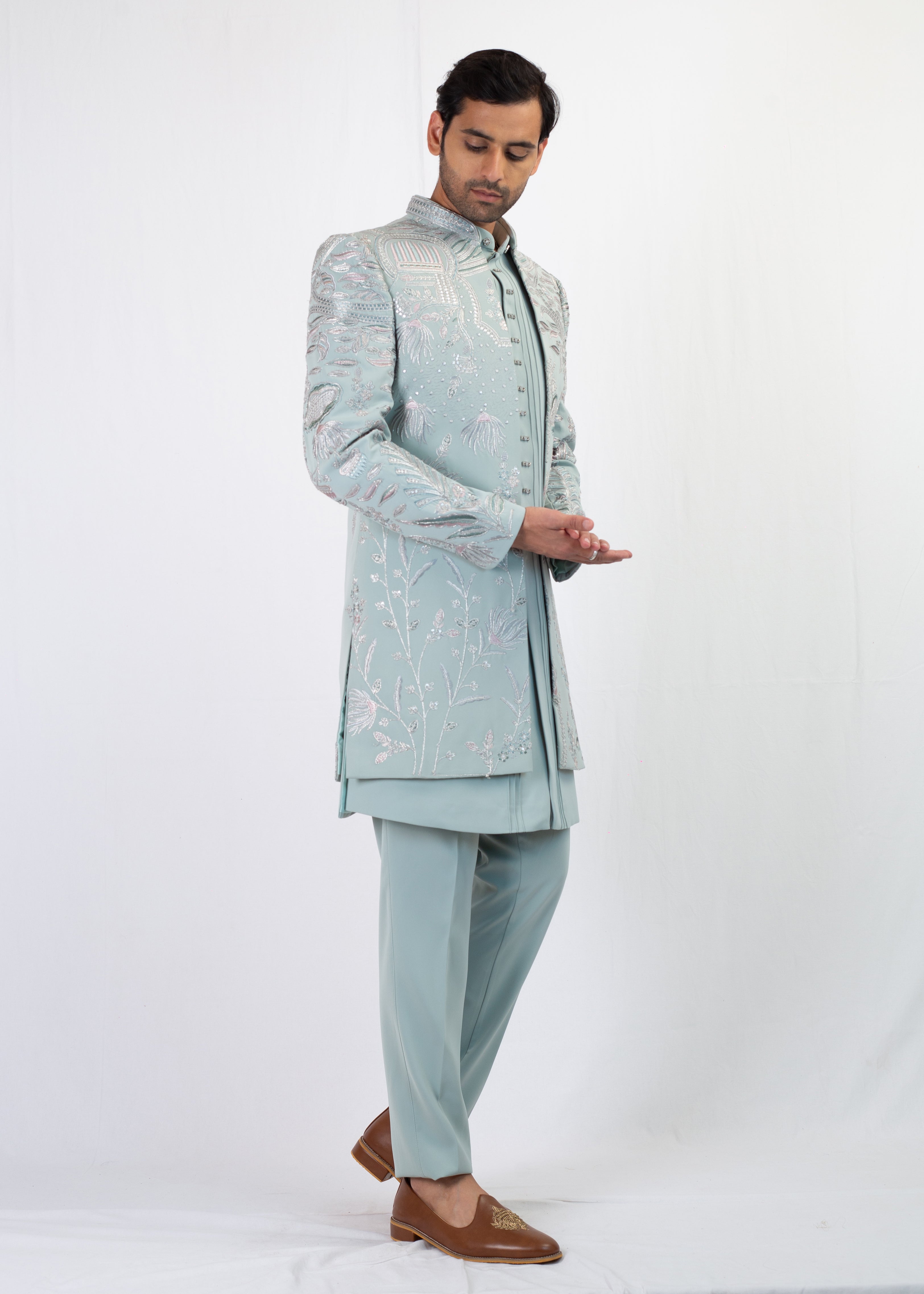 DUSTY BLUE EMBROIDEY SHERWANI WITH KURTA AND TROUSER