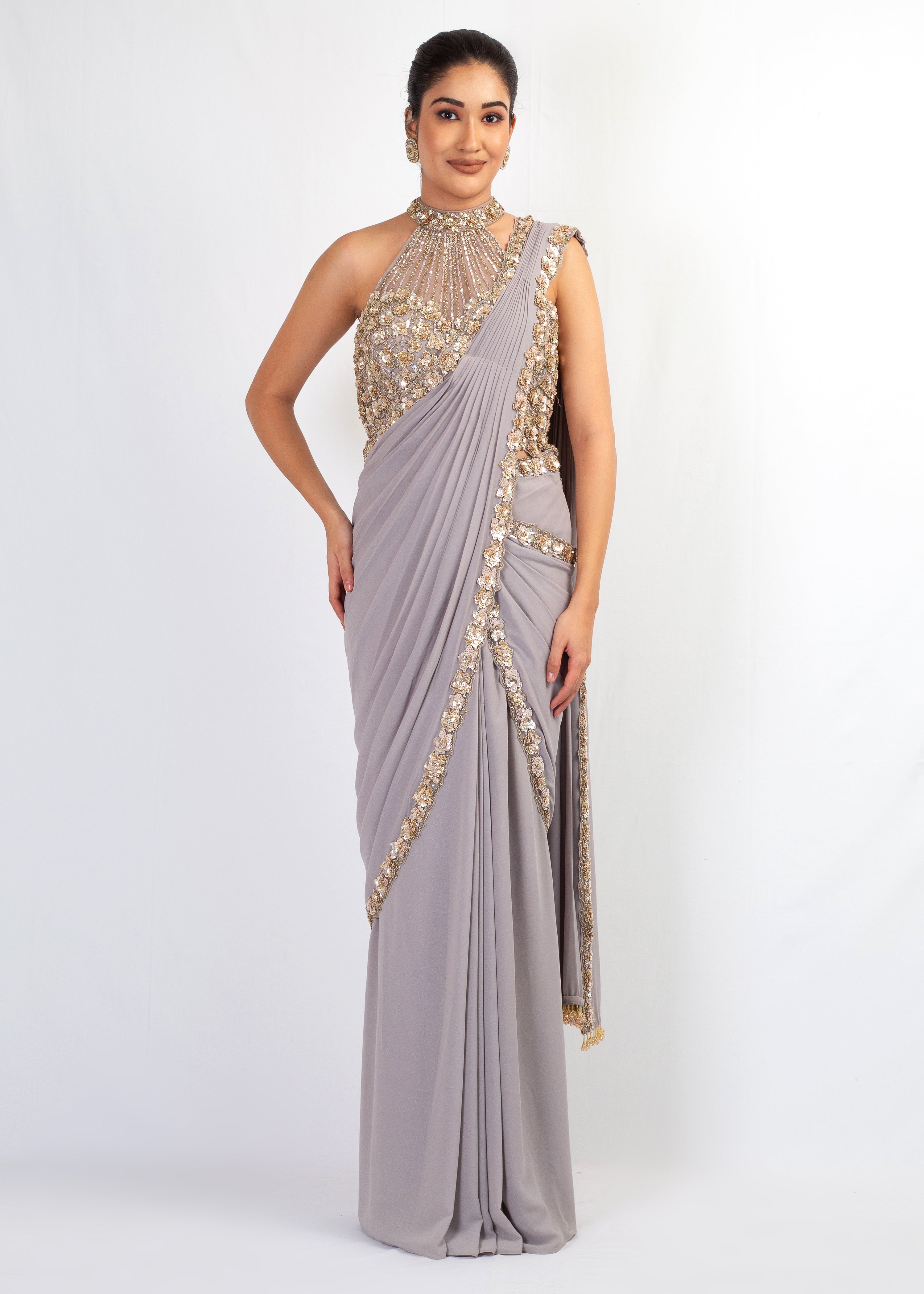 LIGHT GREY FOIL  GEORGETTE STITCHED SAREE WITH EMBROIDERED TOP