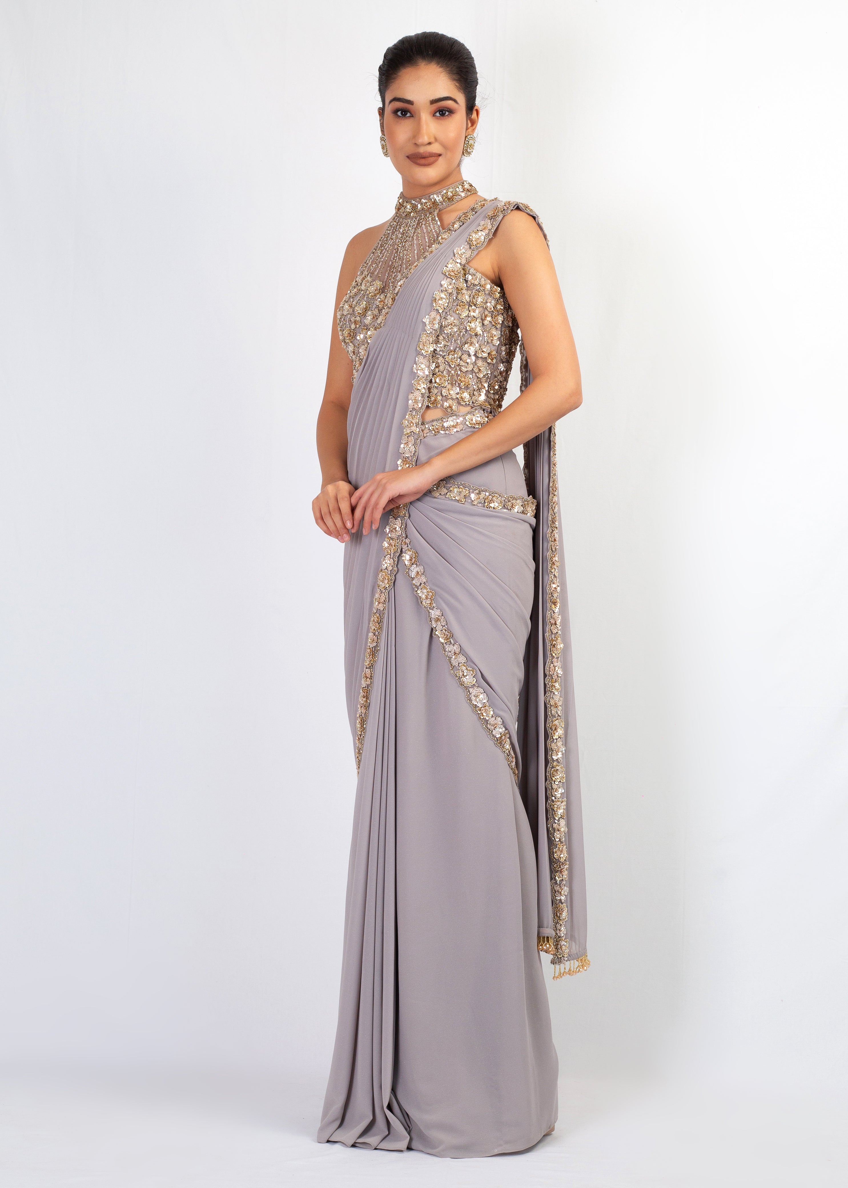 LIGHT GREY FOIL  GEORGETTE STITCHED SAREE WITH EMBROIDERED TOP