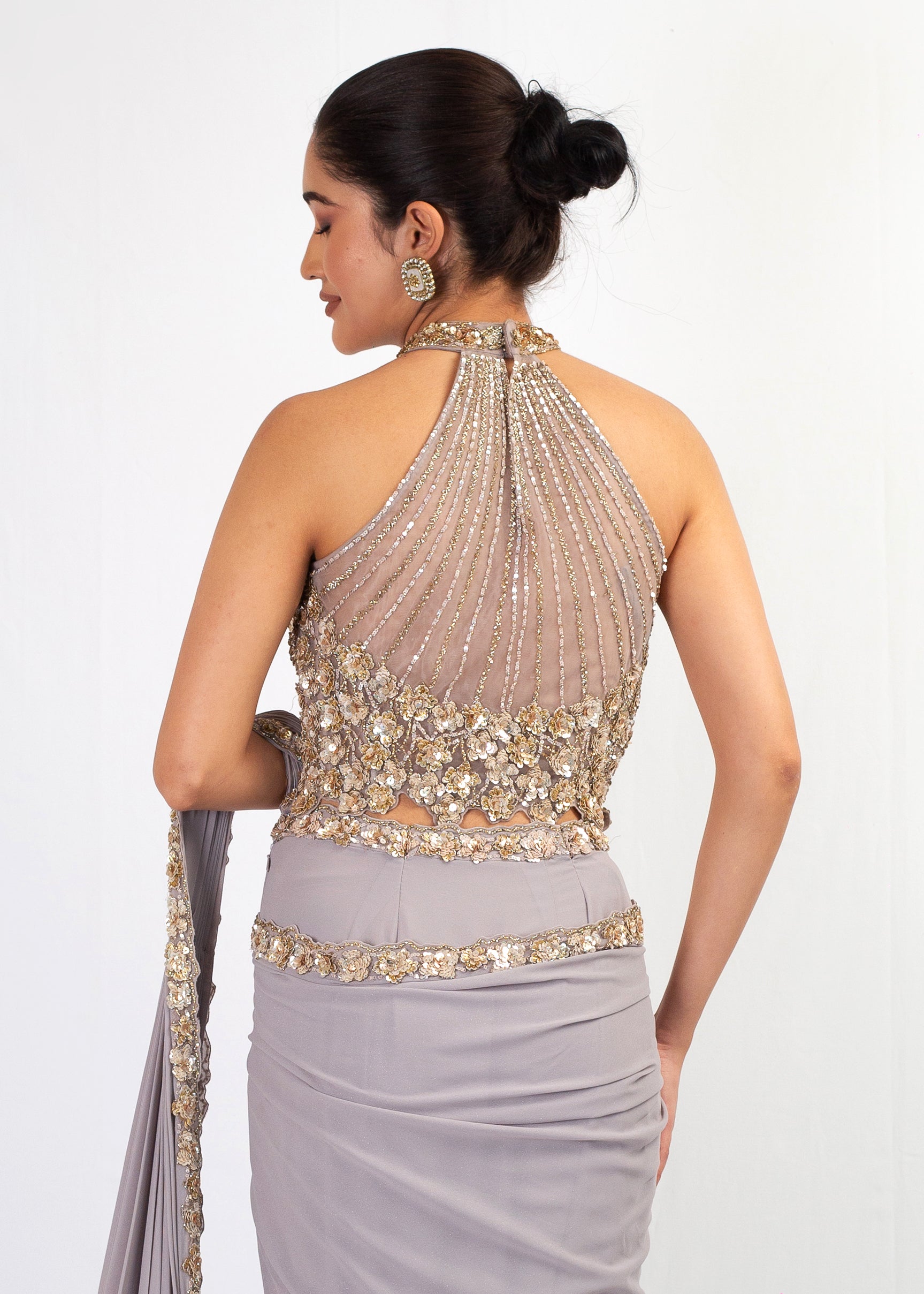 LIGHT GREY FOIL  GEORGETTE STITCHED SAREE WITH EMBROIDERED TOP