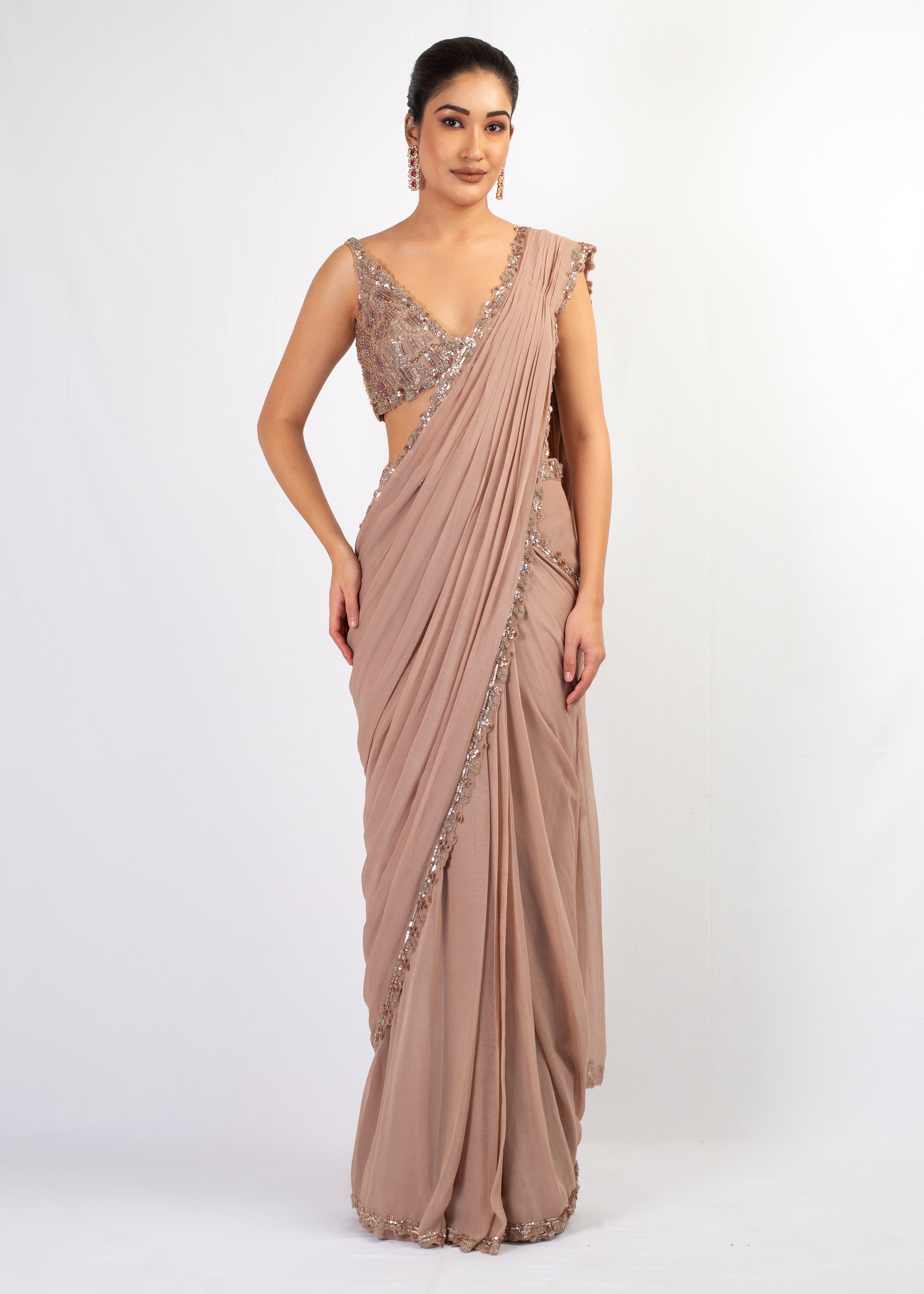 MOUSE GEORGETTE STITCHED SAREE WITH EMBROIDERED TOP