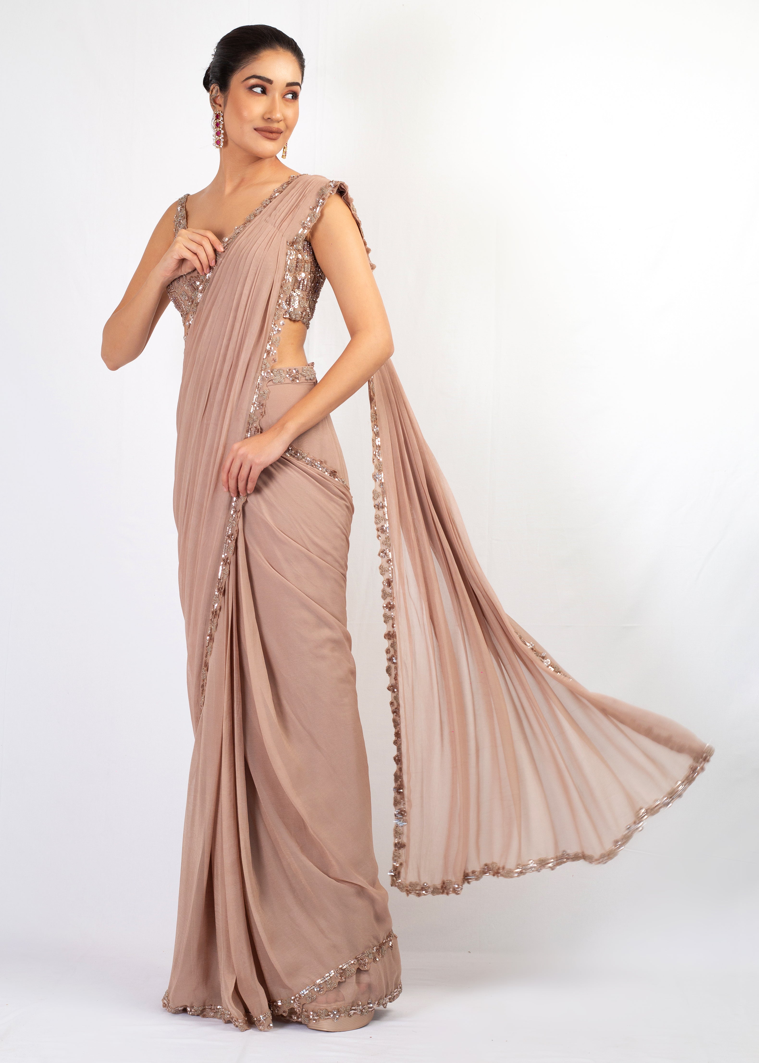 MOUSE GEORGETTE STITCHED SAREE WITH EMBROIDERED TOP