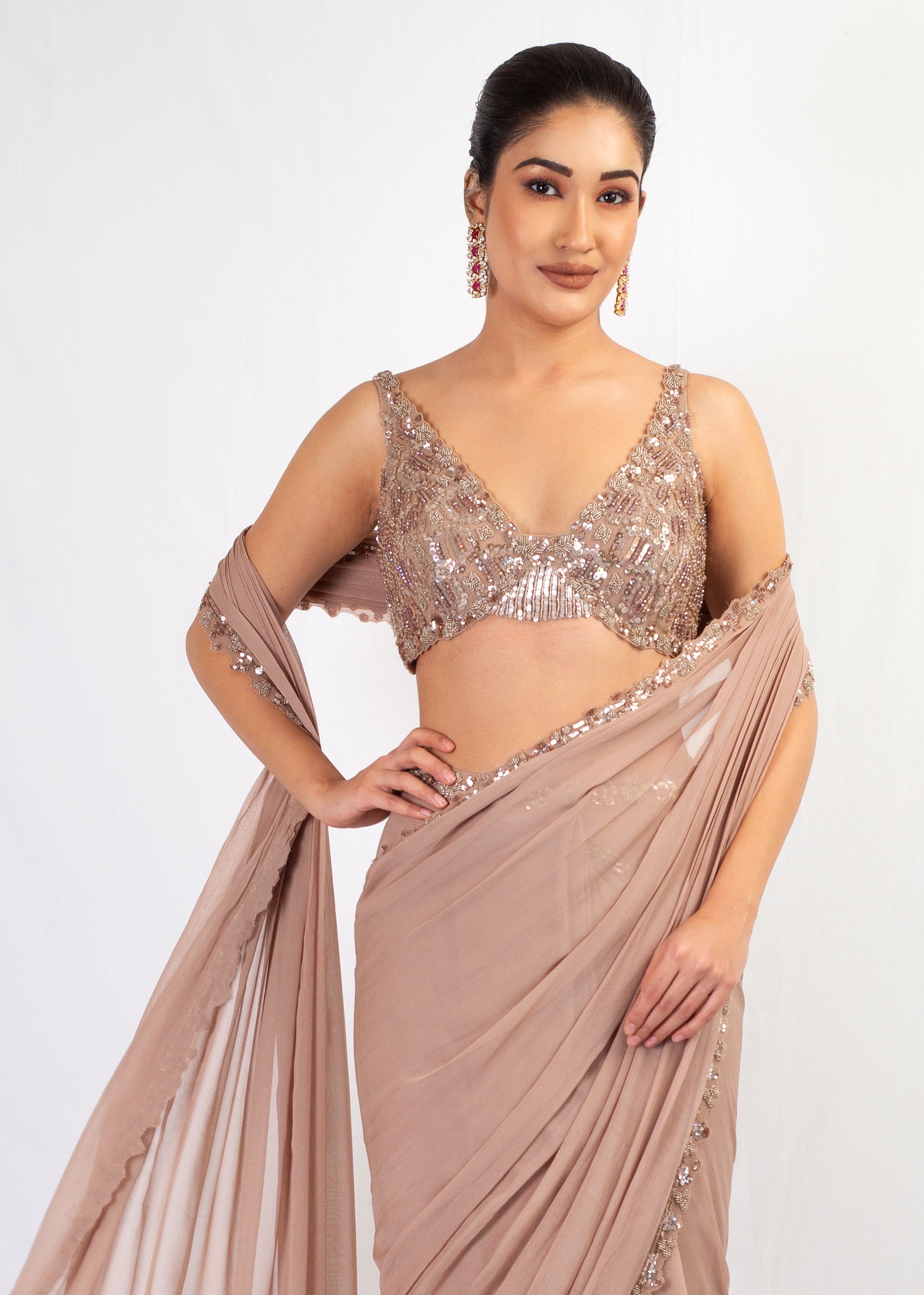 MOUSE GEORGETTE STITCHED SAREE WITH EMBROIDERED TOP