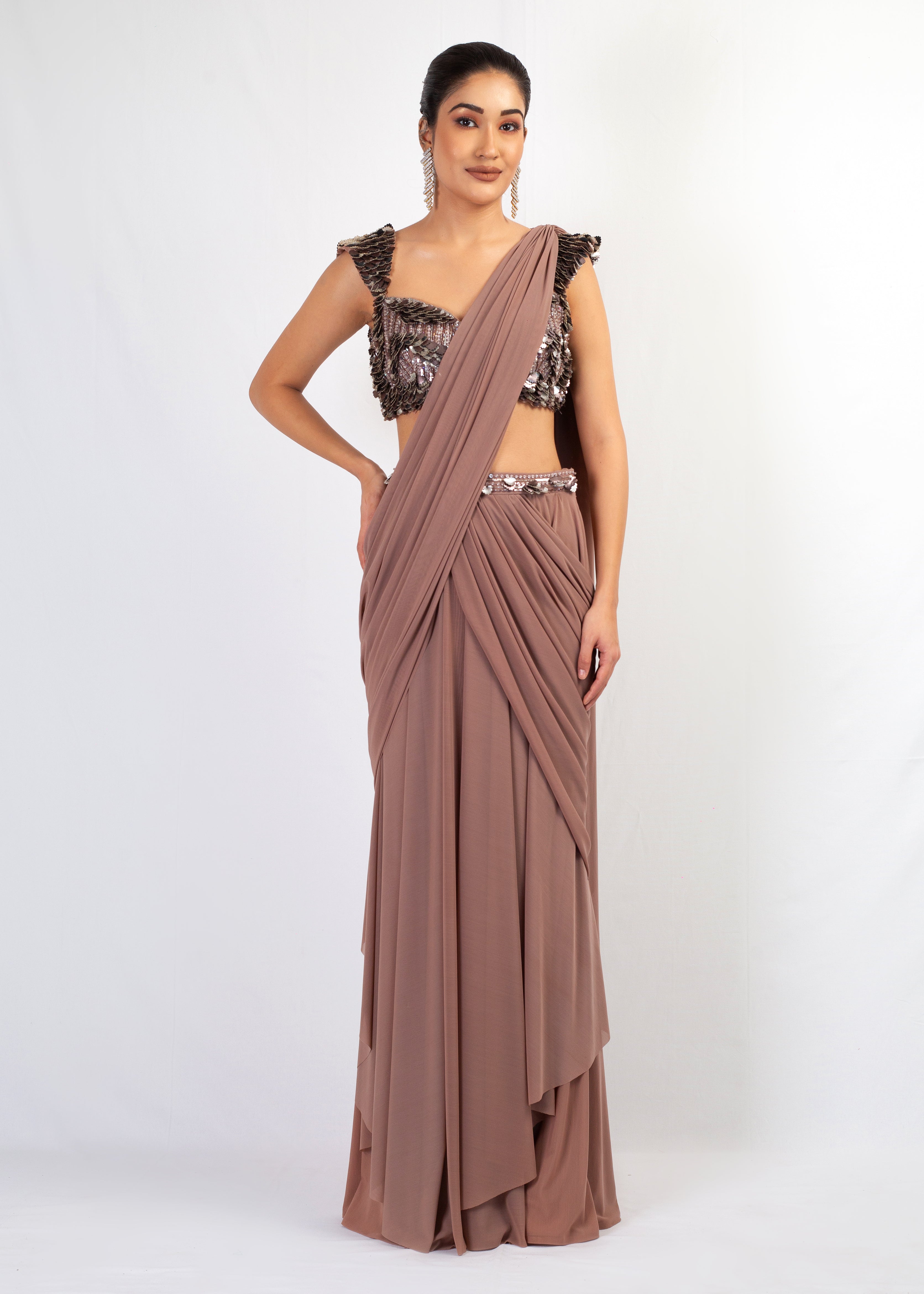 DARK NUDE GEORGETTE STITCHED SAREE WITH EMBROIDERED TOP