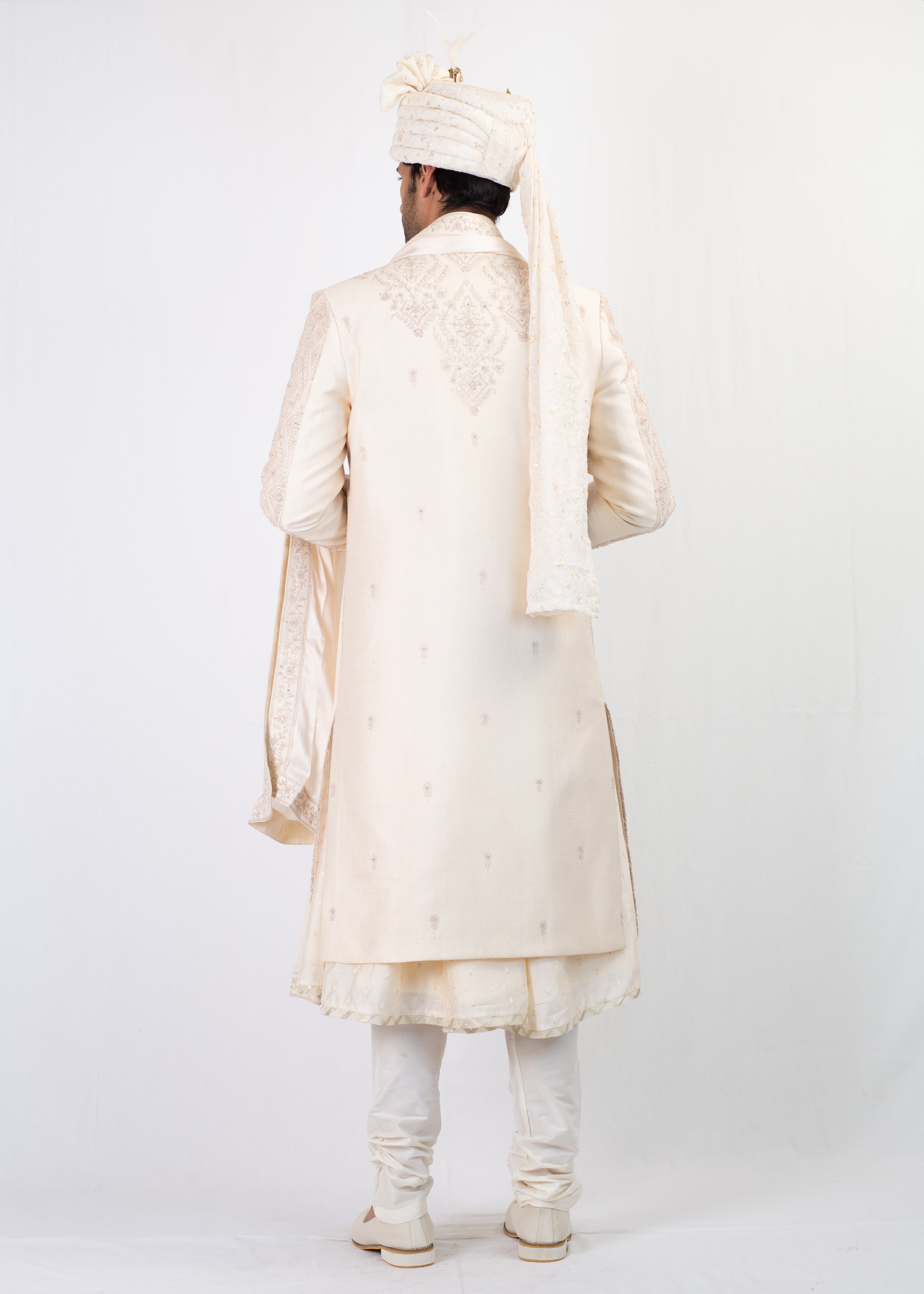 ELEGANT CREAM EMBROIDERY SHERWANI AND KURTA WITH TROUSER AND PALLA