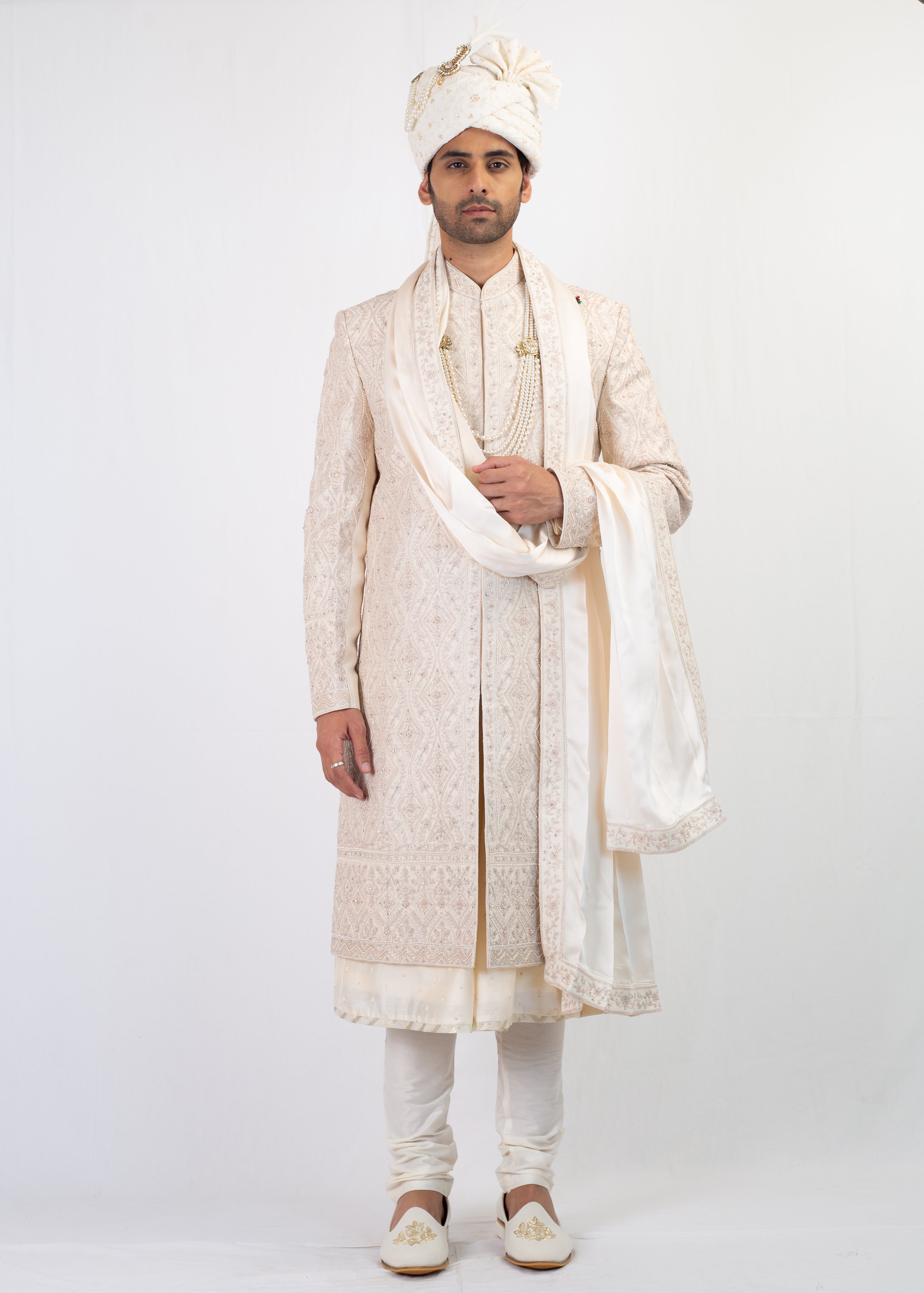 ELEGANT CREAM EMBROIDERY SHERWANI AND KURTA WITH TROUSER AND PALLA