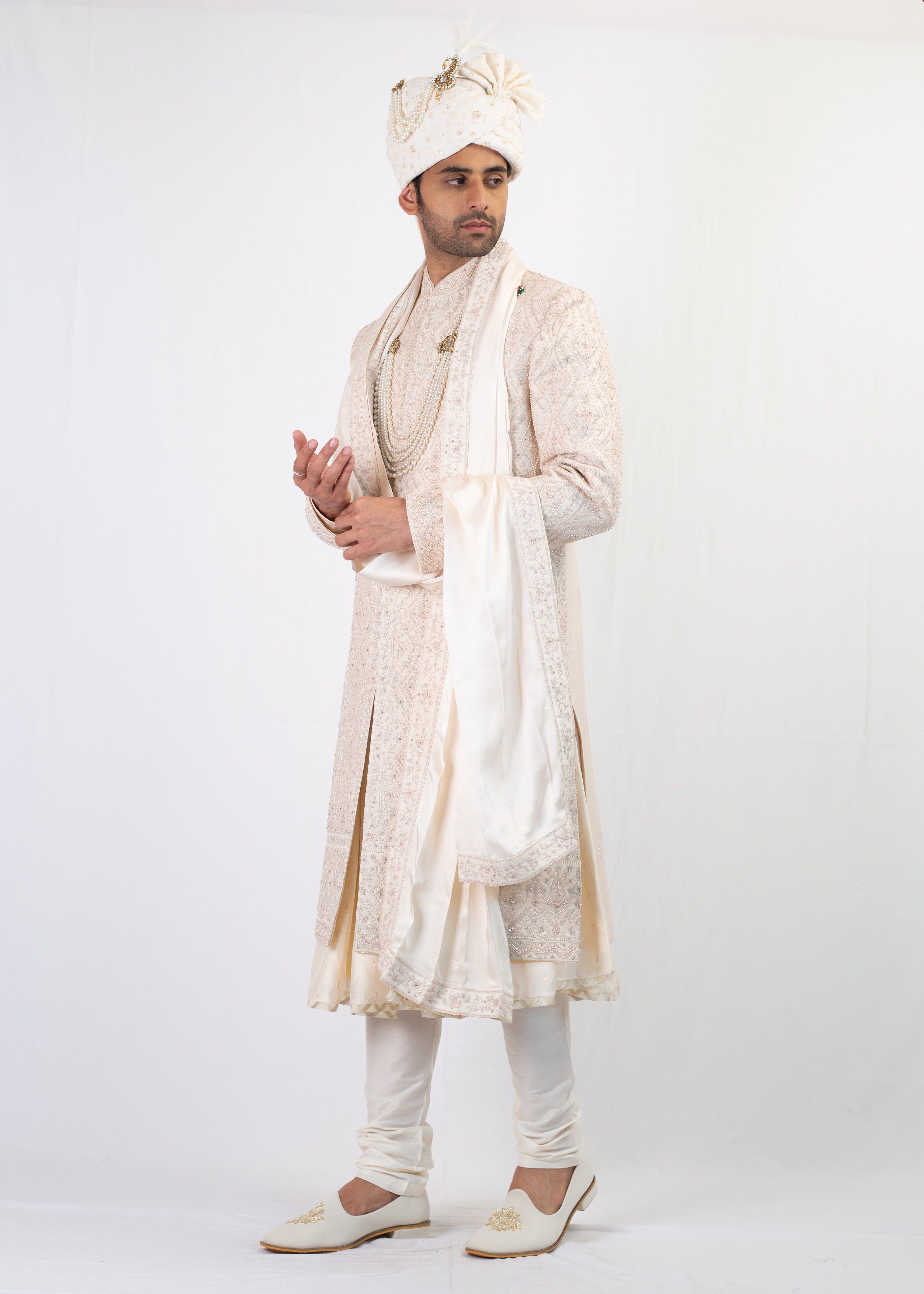 ELEGANT CREAM EMBROIDERY SHERWANI AND KURTA WITH TROUSER AND PALLA