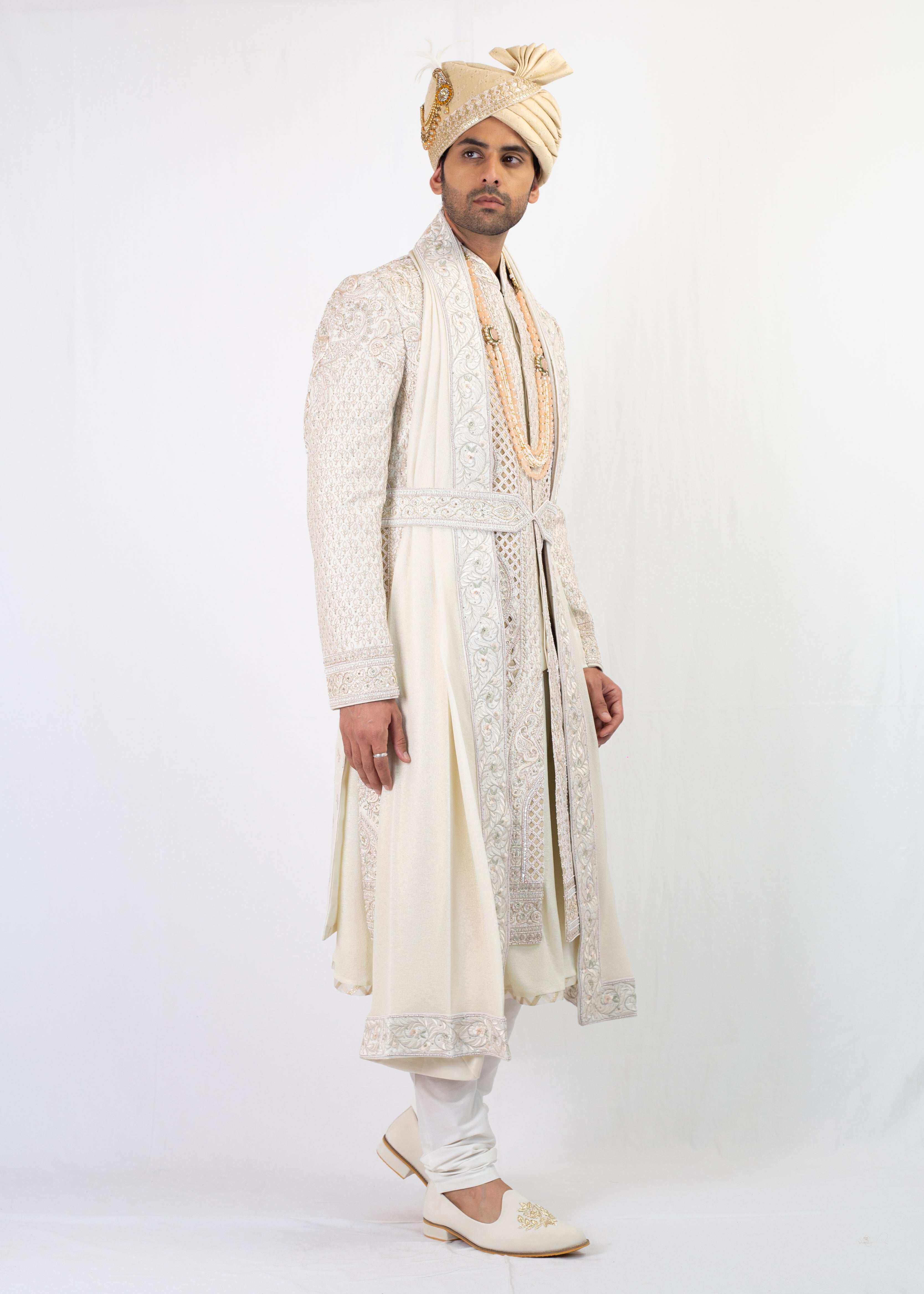 IVORY BRIDAL EMBROIDERY SHERWANI BALA TROUSER WITH STOLE TURBAN & MALA